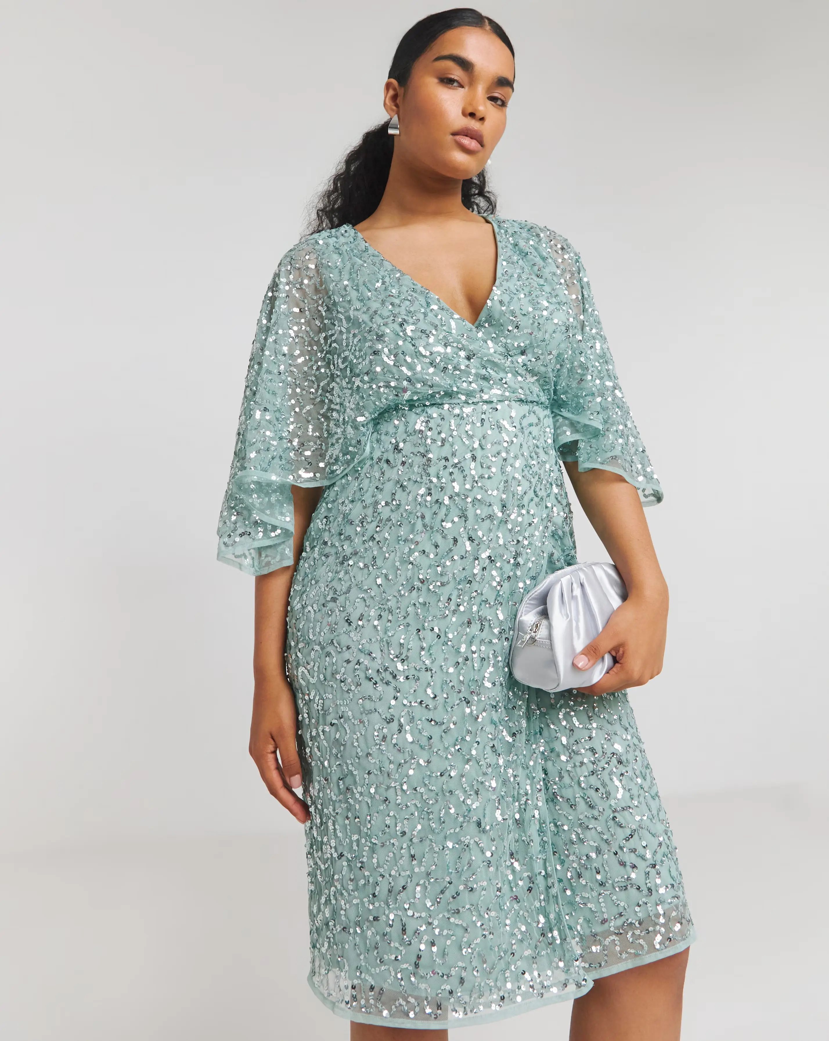 Maya Deluxe Fully Embellished Faux Wrap Midi Dress