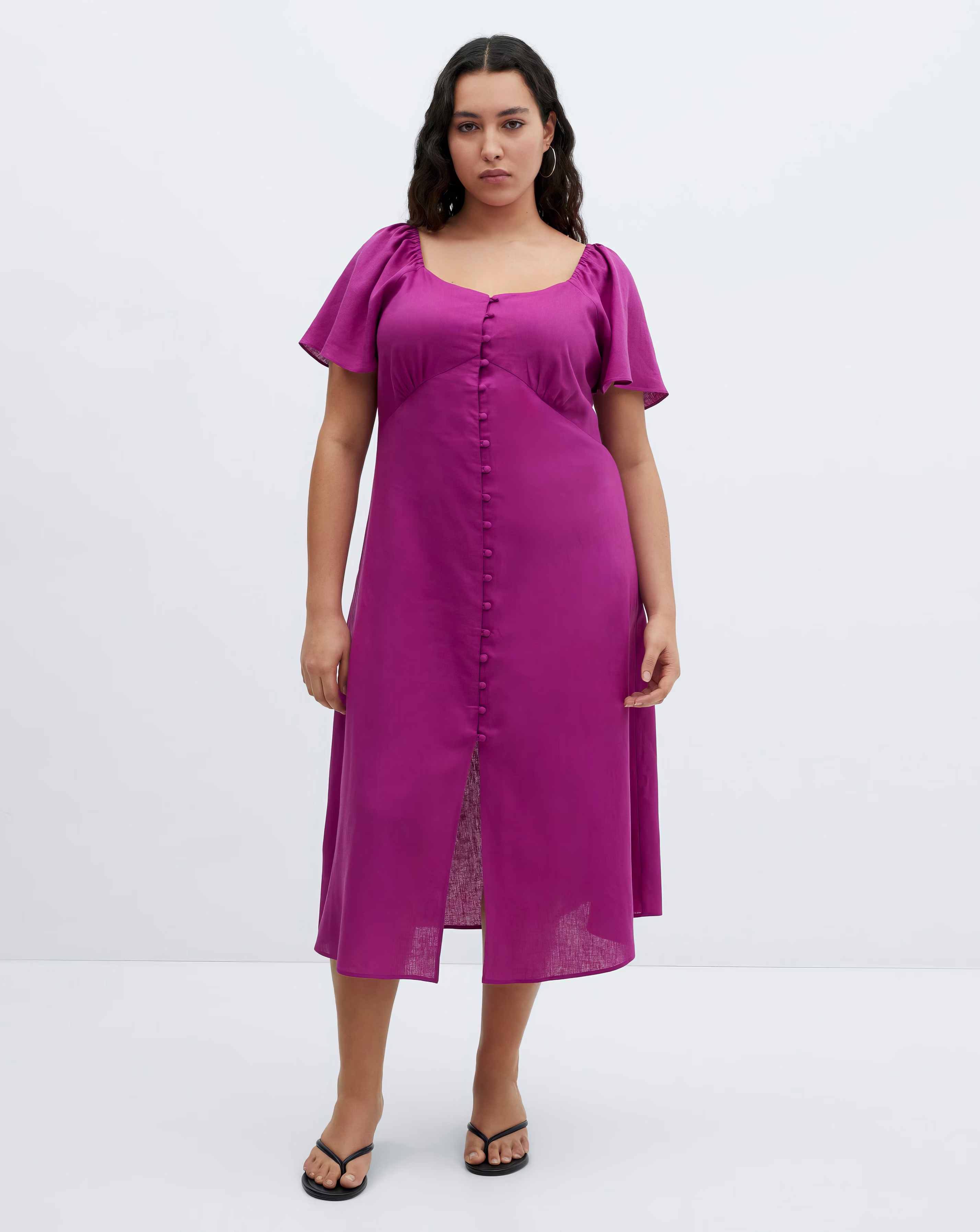 Mango Buttoned Linen Blend Midi Dress