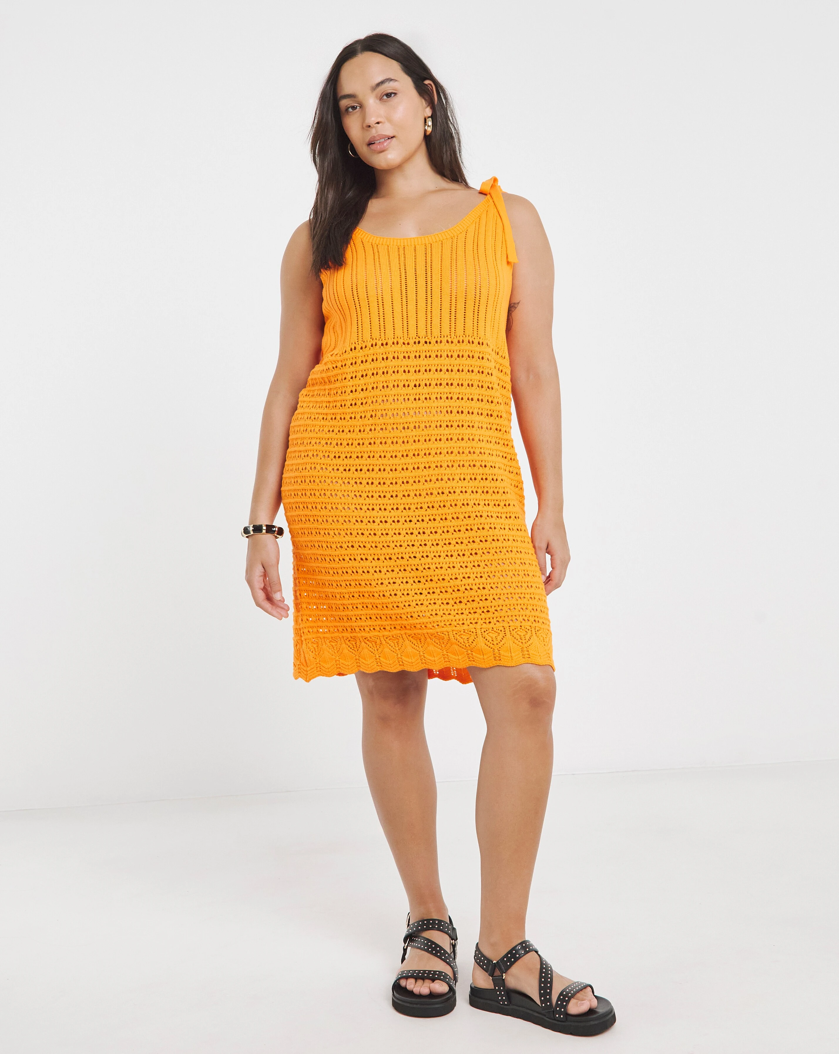Simply Be Orange Tie Shoulder Crochet Look Mini Dress