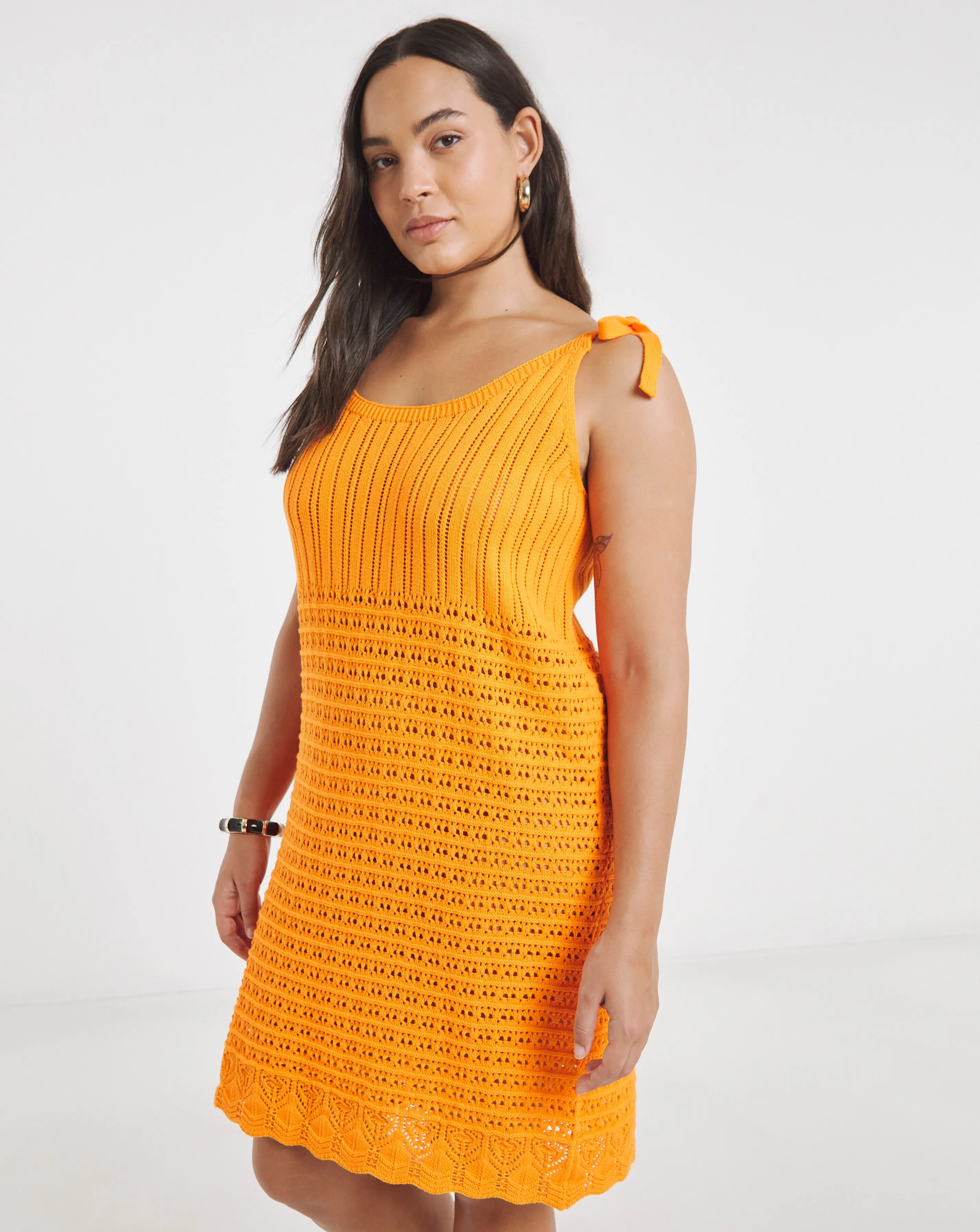 Simply Be Orange Tie Shoulder Crochet Look Mini Dress
