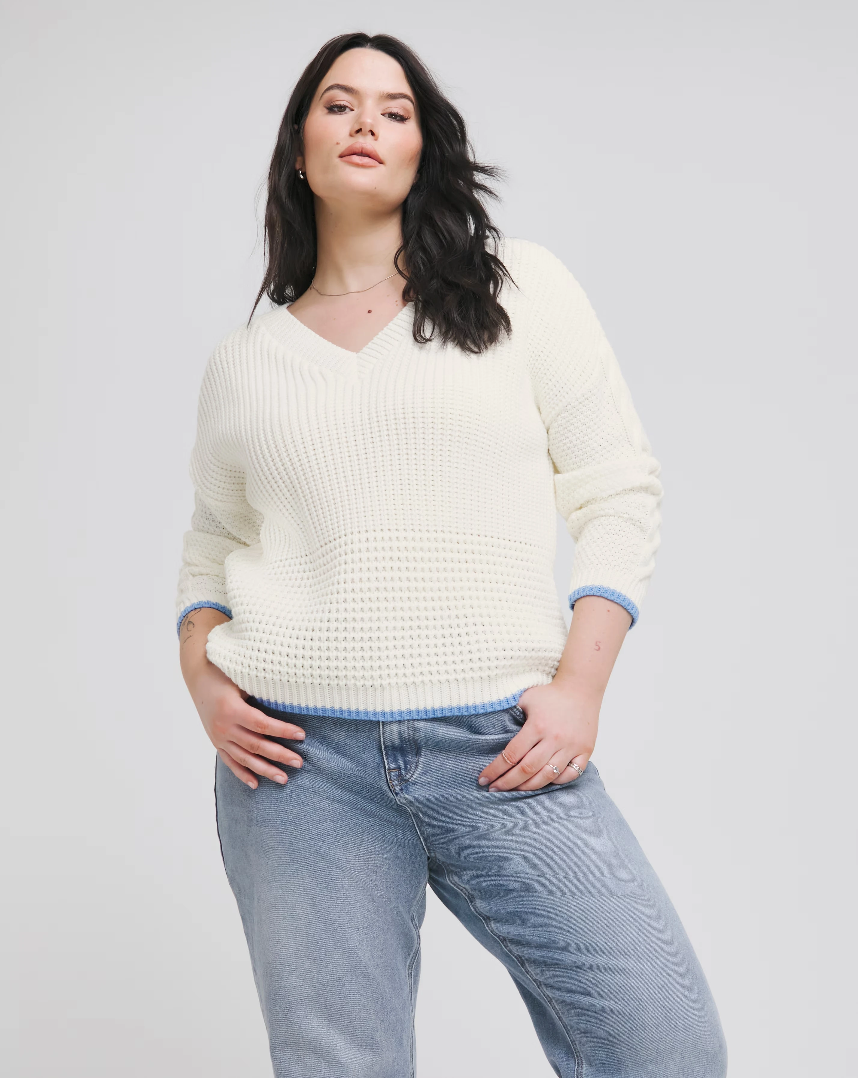 Simply Be White Waffle Stitch Tipped Jumper