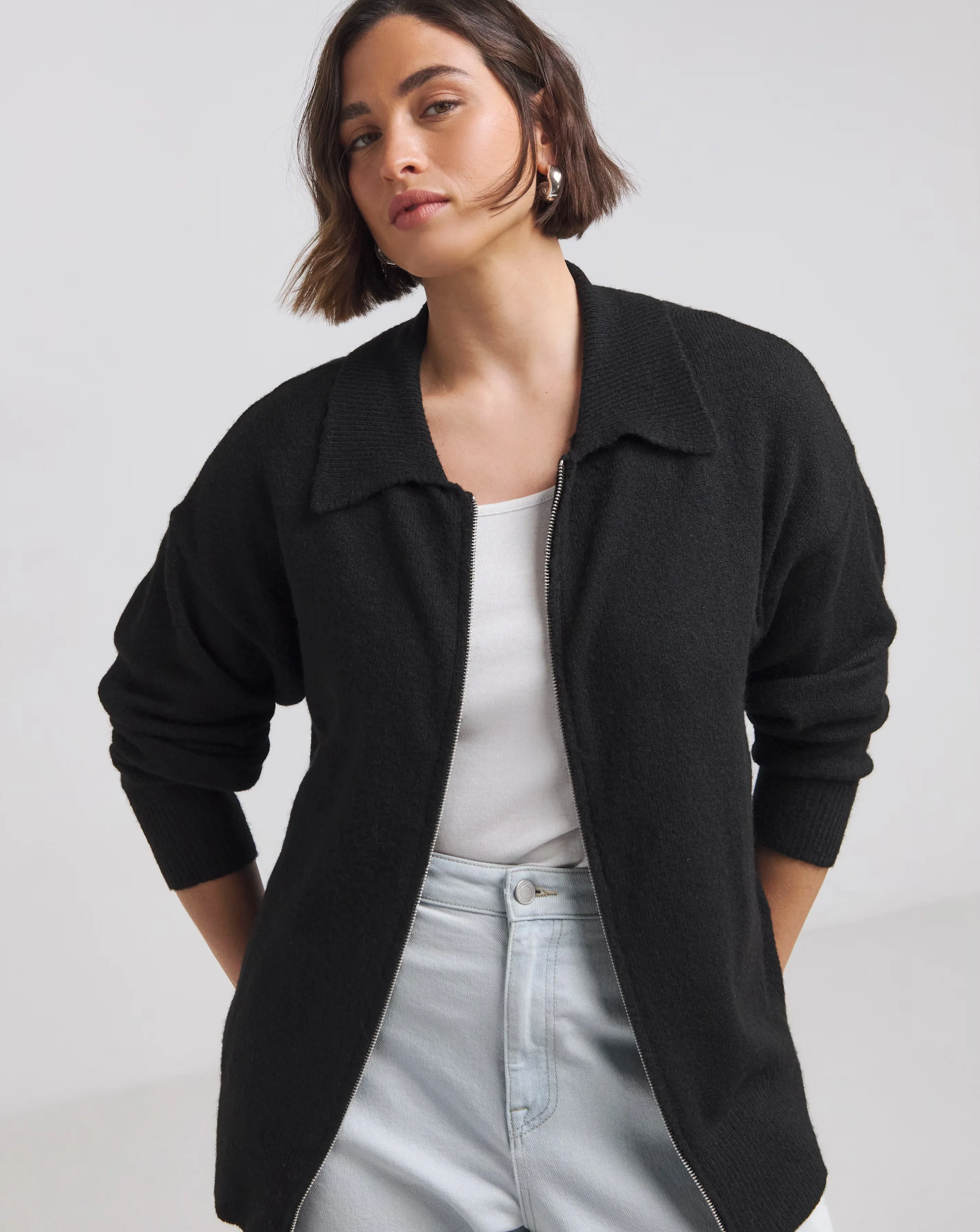 Black Collar Zip Through Cardigan
