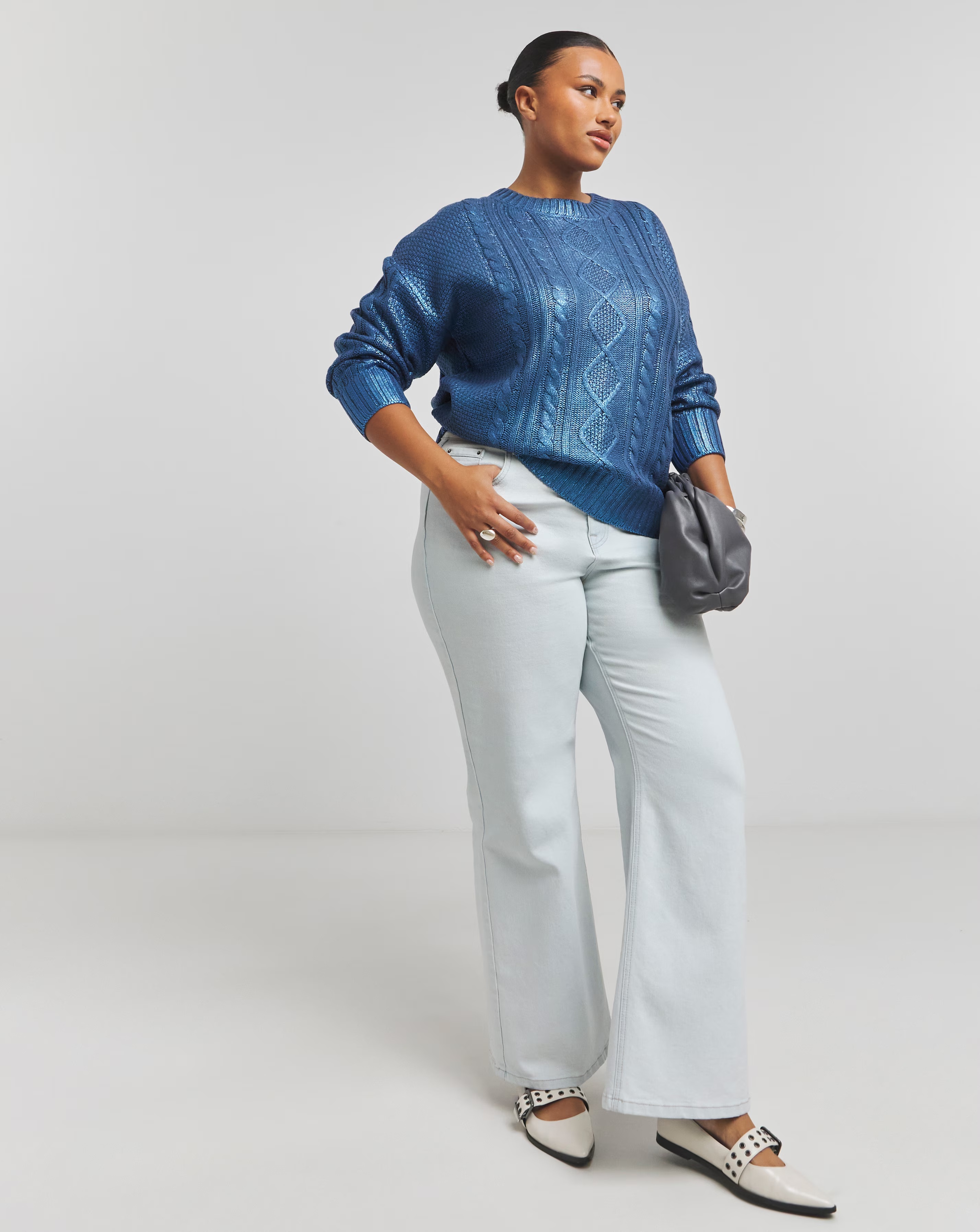 Blue Foil Metallic Cable Knit Jumper
