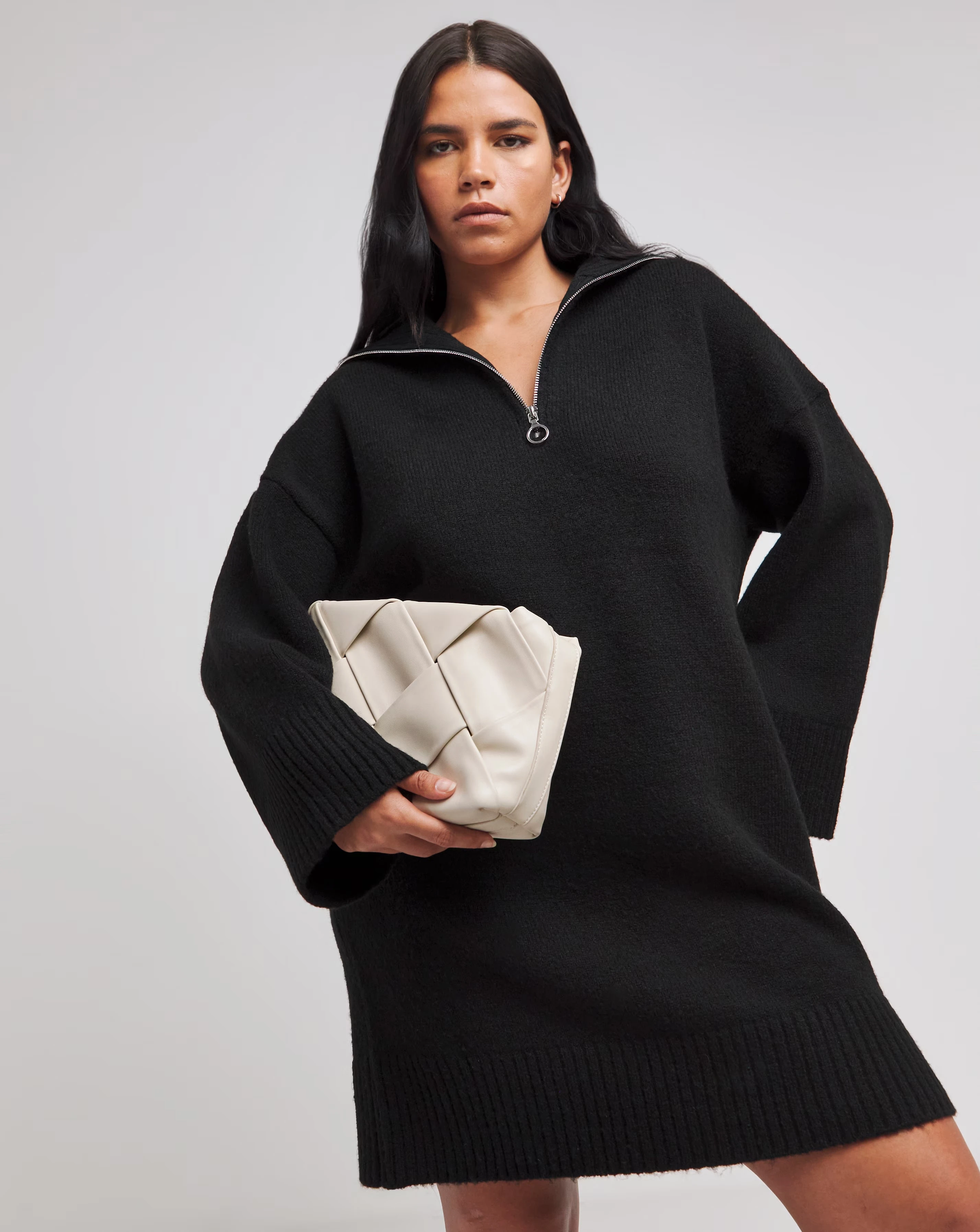Black Zip Neck Knitted Mini Dress