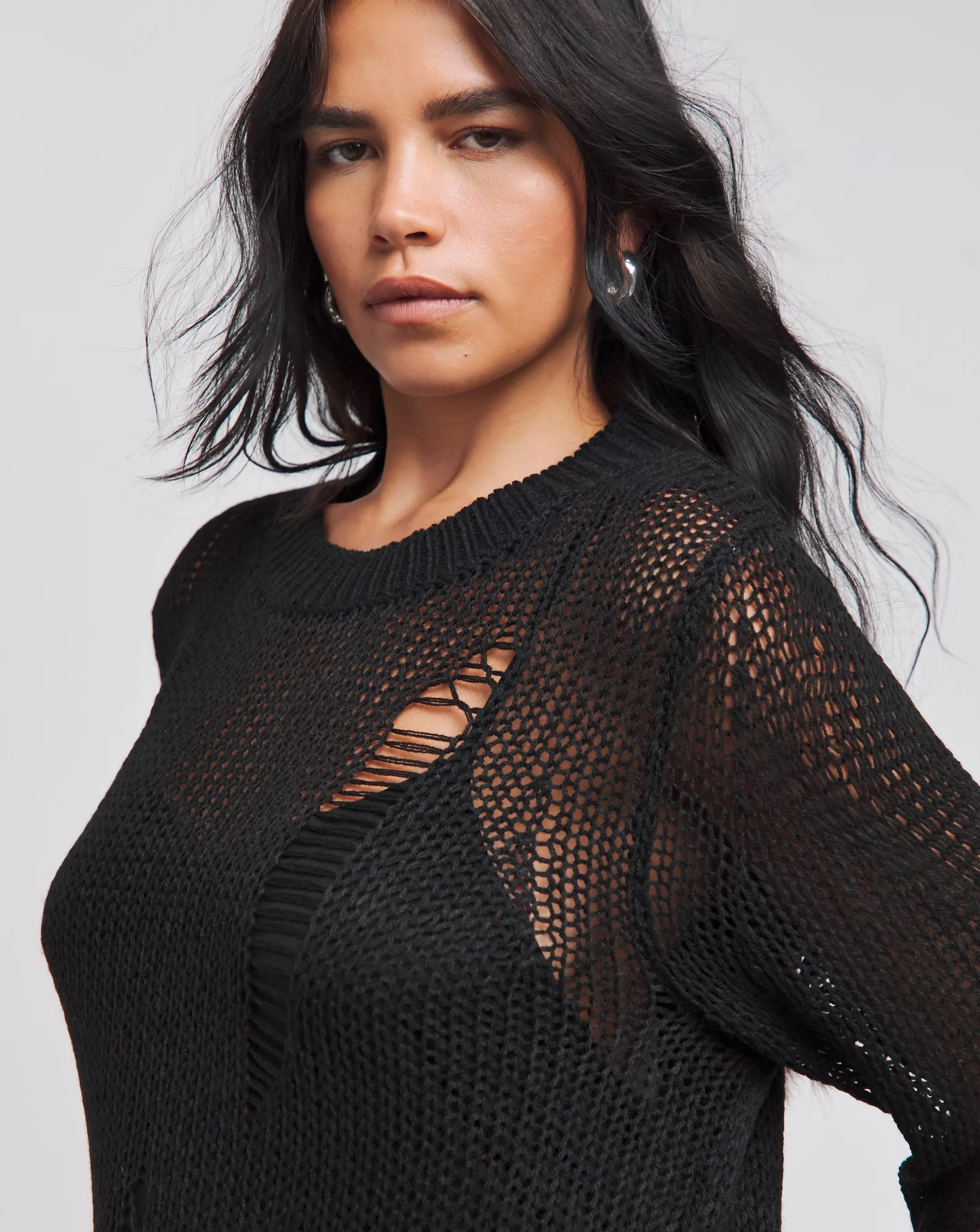 Black Crew Neck Ladder Knitted Dress
