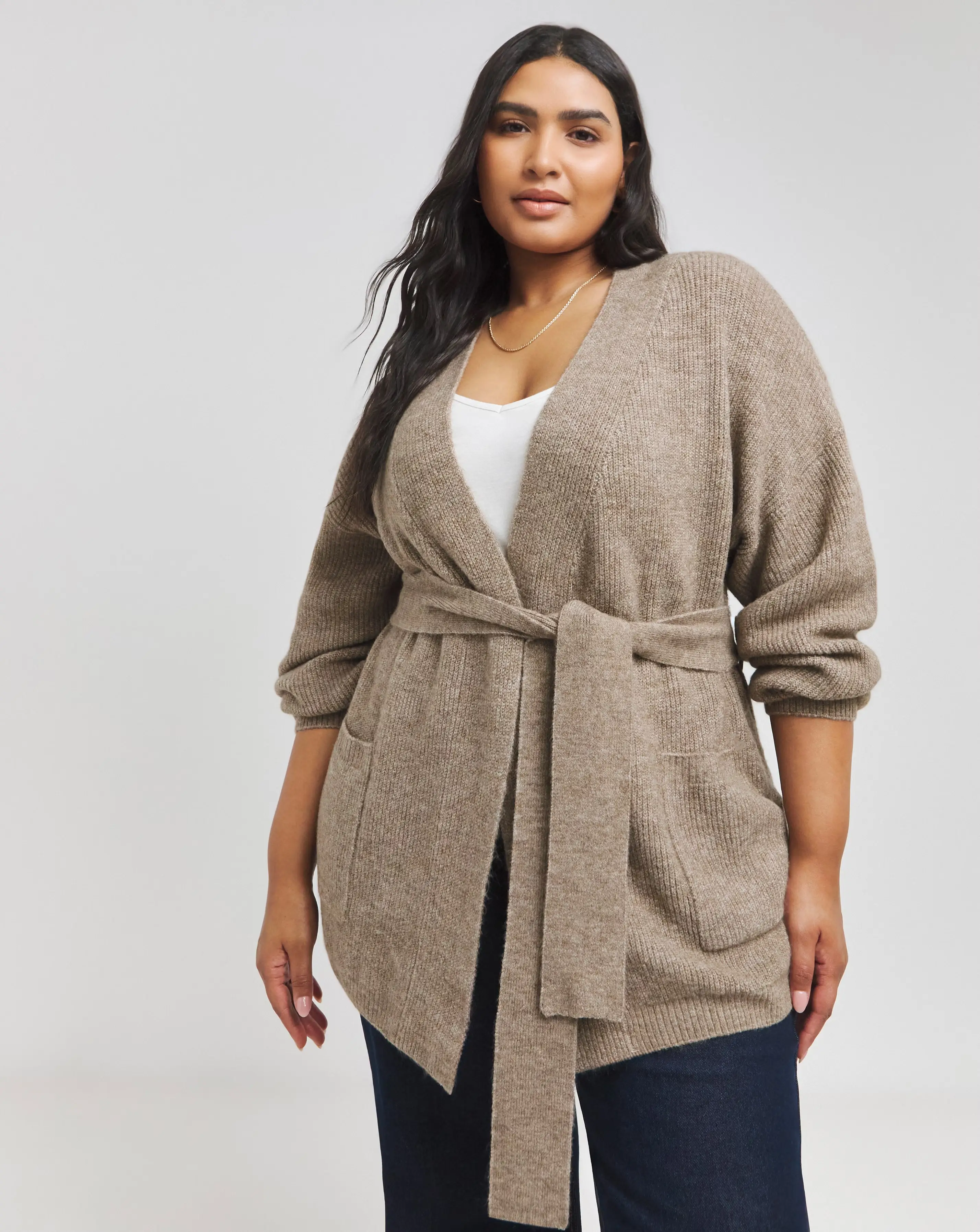 Brown Belted Volume Sleeve Cardigan