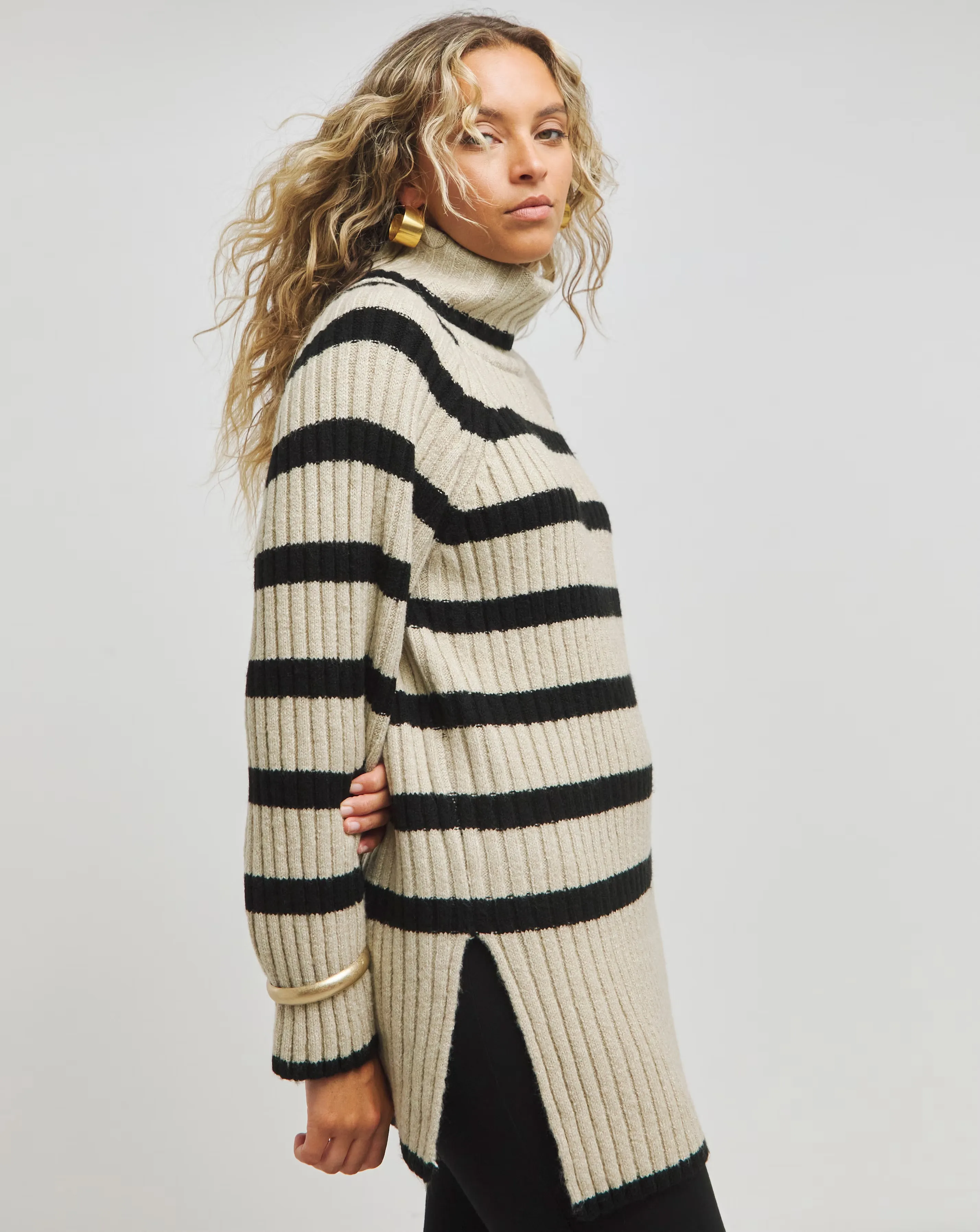 Beige and Black Stripe Roll Neck Jumper