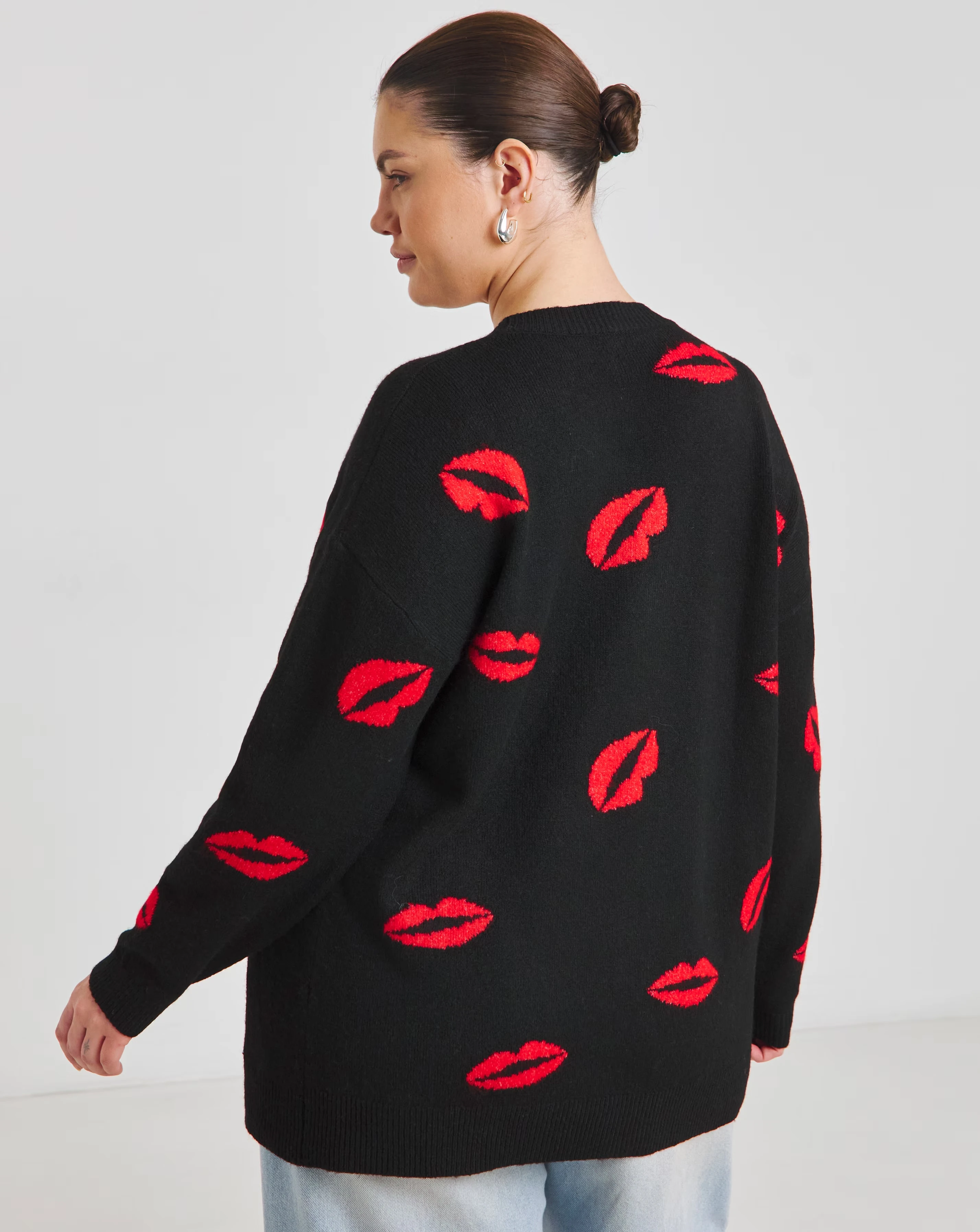 Black Lips Jacquard Boyfriend Cardigan