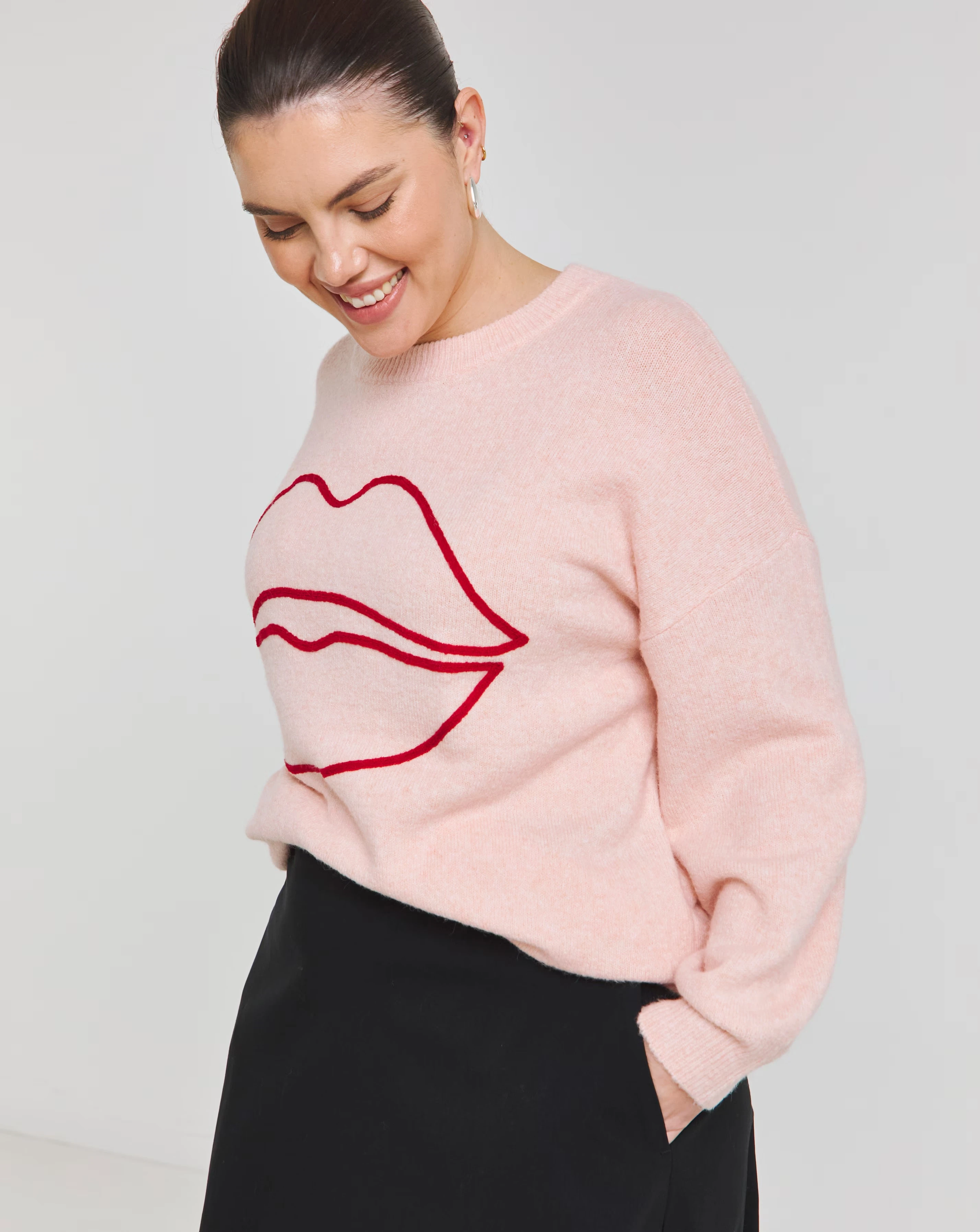Simply Be Pink Embroidered Lips Volume Sleeve Longline Jumper