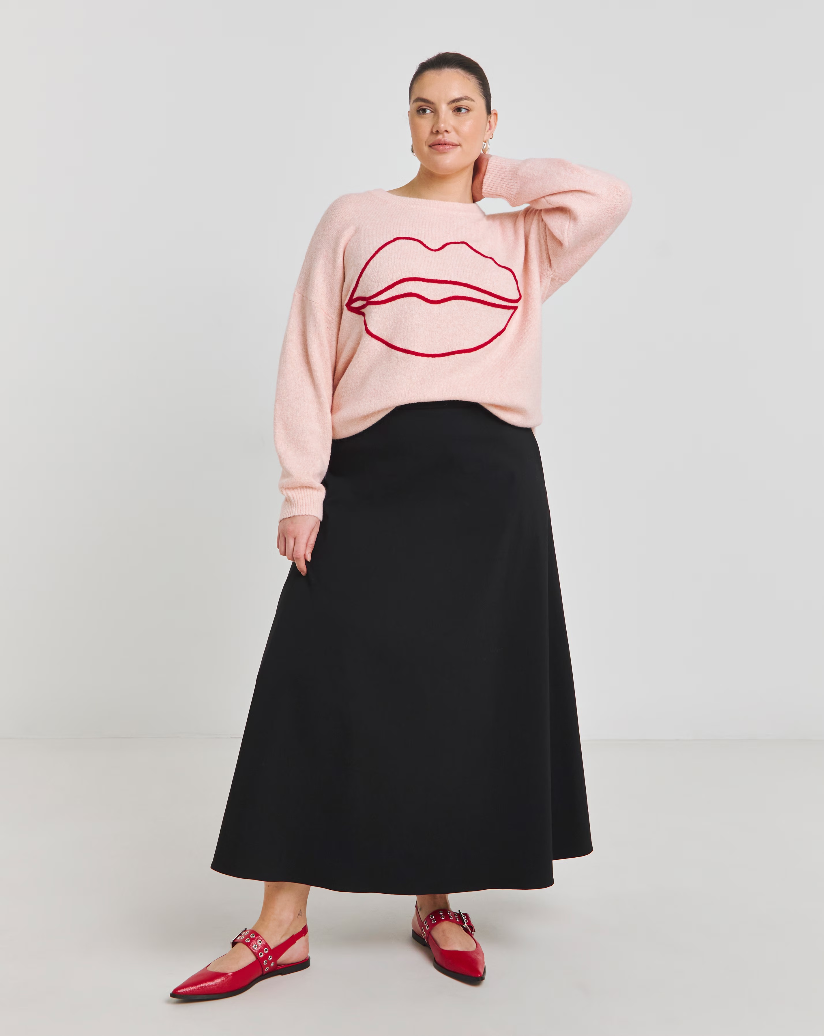 Simply Be Pink Embroidered Lips Volume Sleeve Longline Jumper