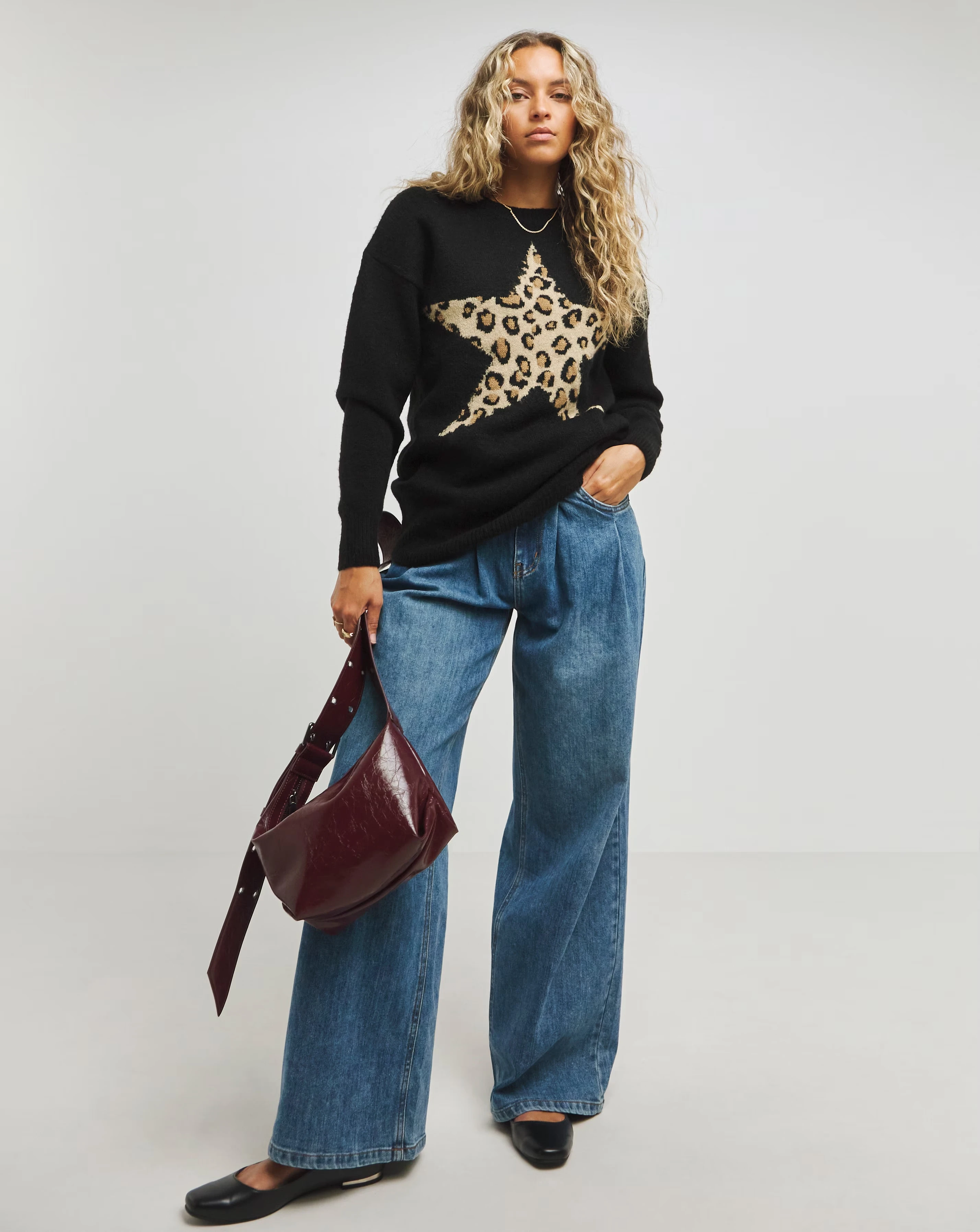 Black Leopard Star Longline Jumper