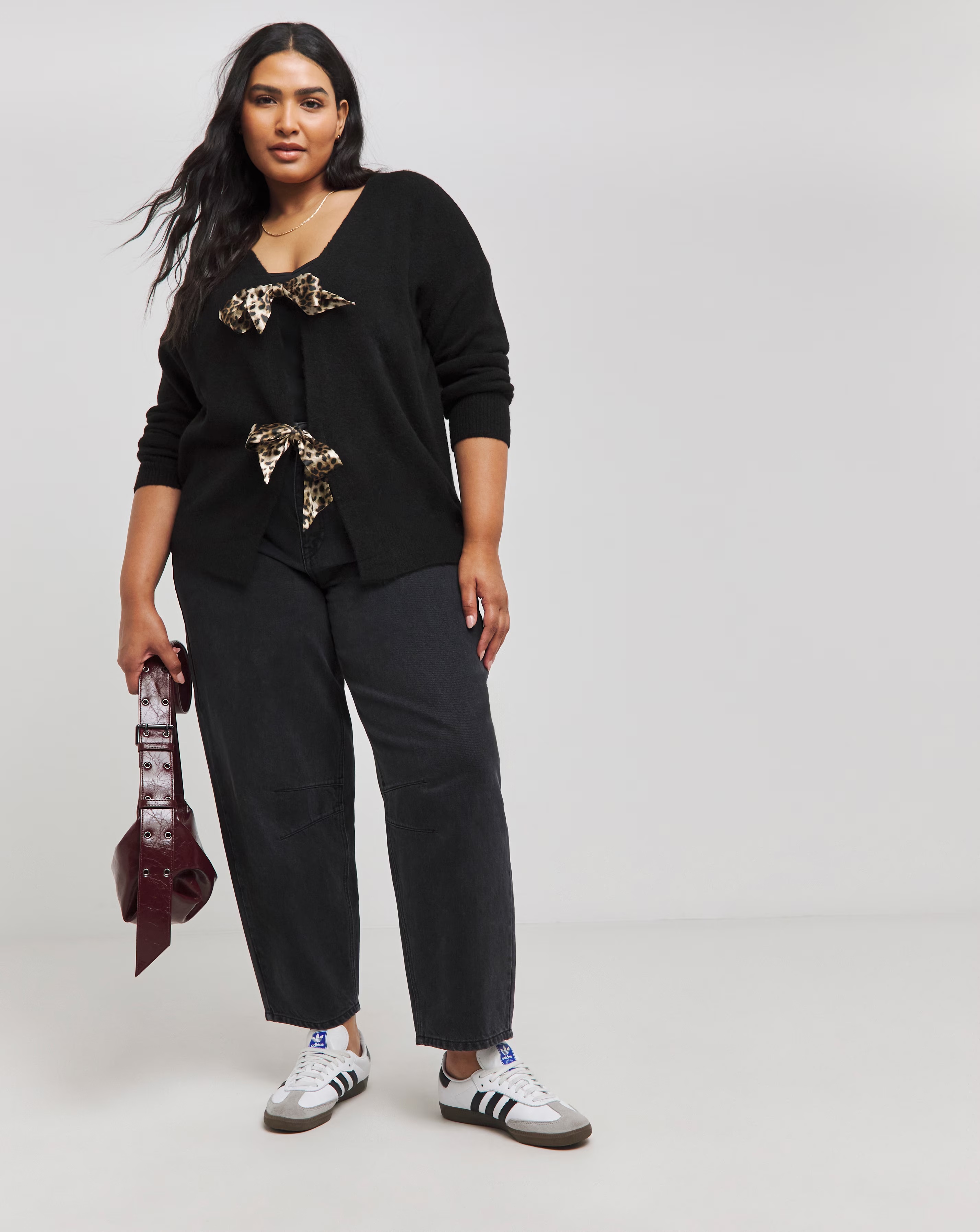 Black Satin Leopard Bow Tie Front Cardigan