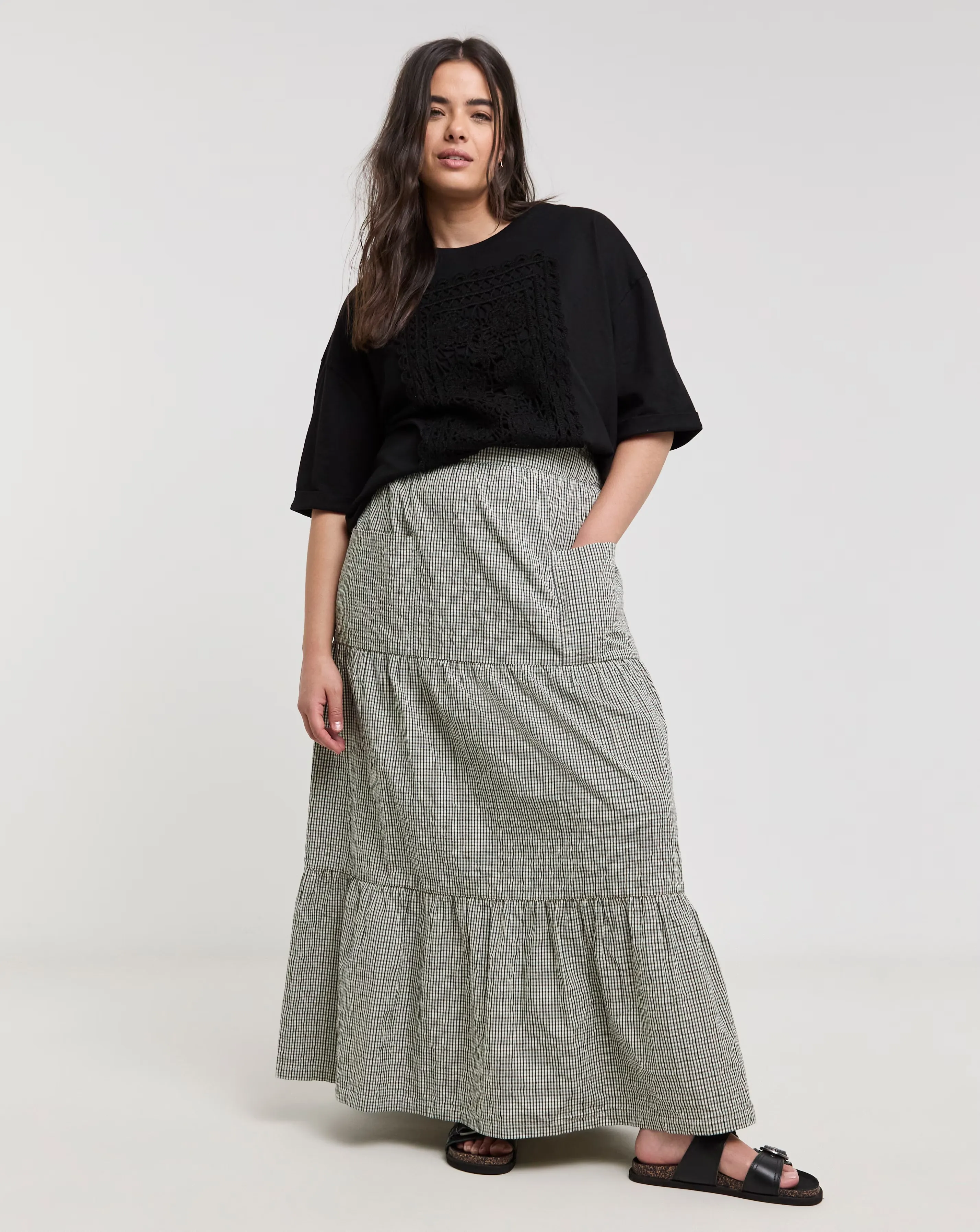 Native Youth Tiered Check Maxi Skirt with Pockets