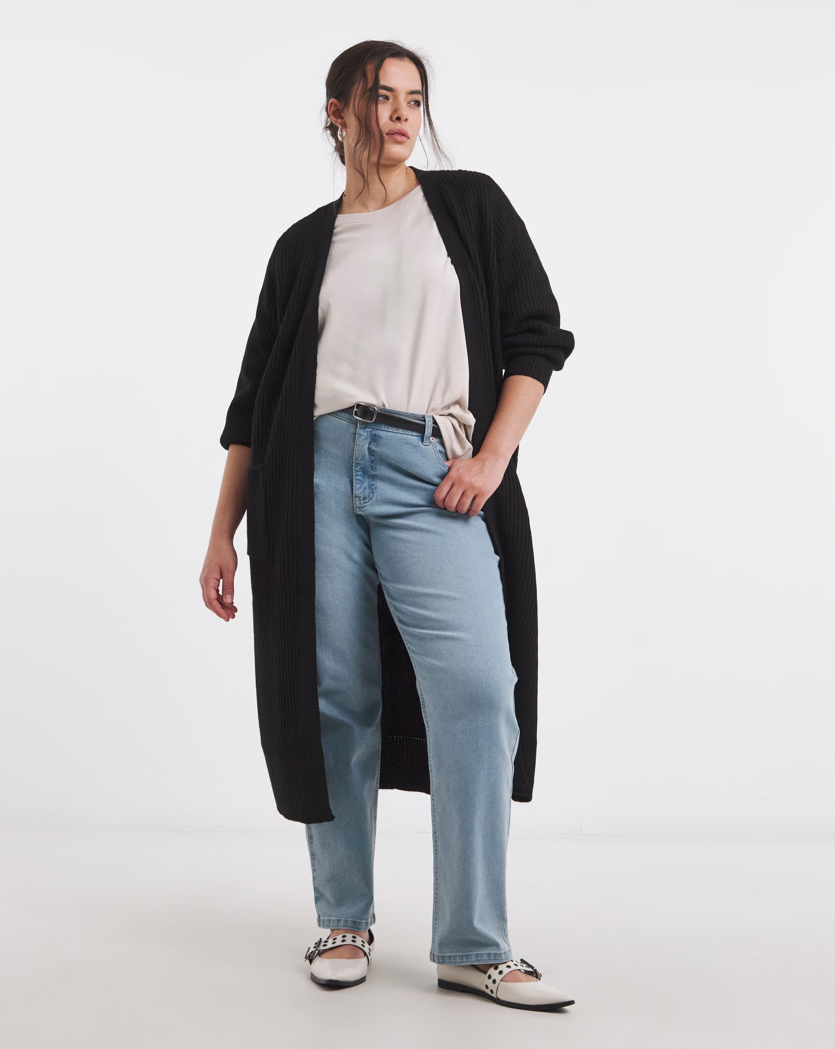 Black Longline Fisherman Rib Cardigan