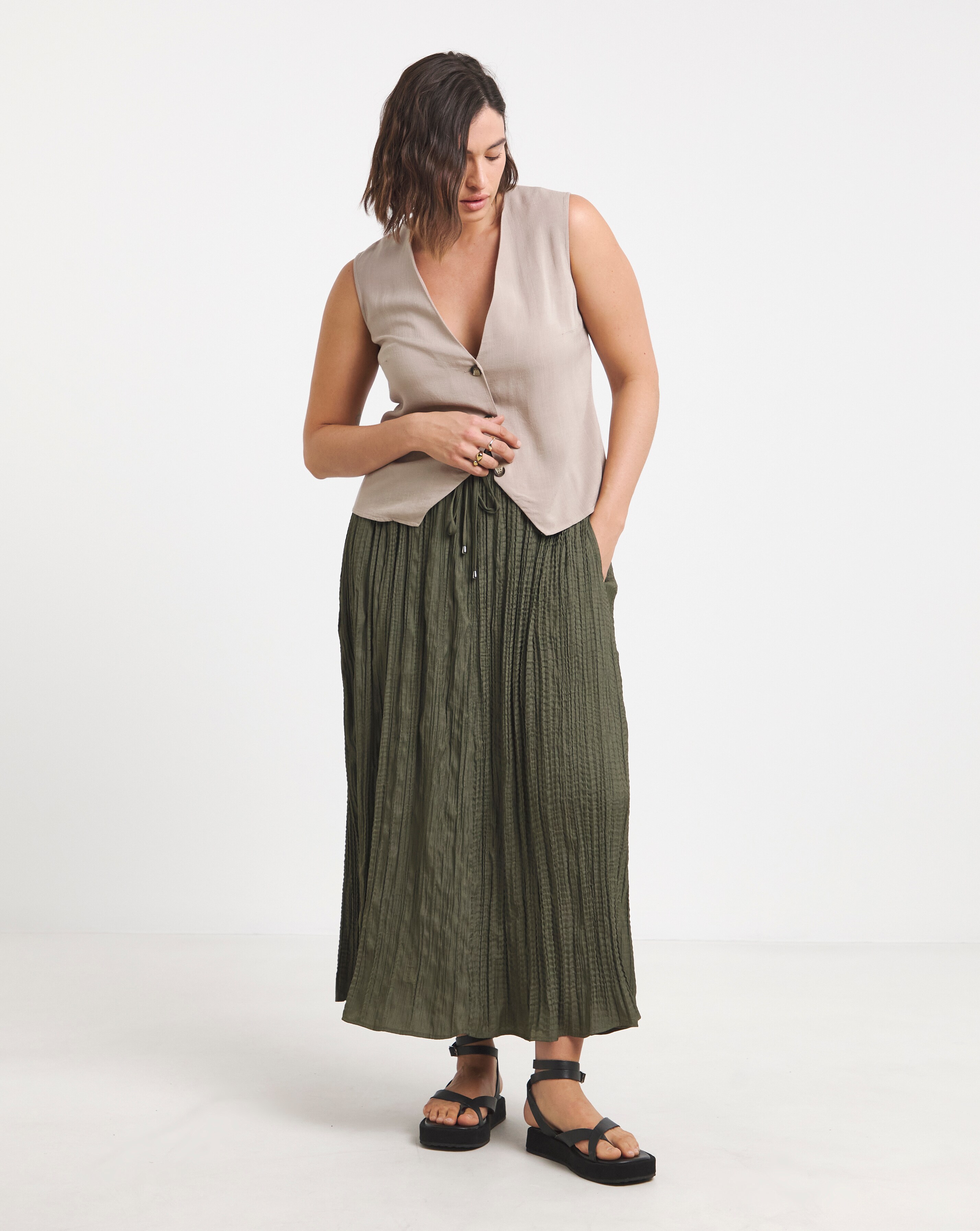 Khaki Tie Waist Textured Midaxi Full Skirt