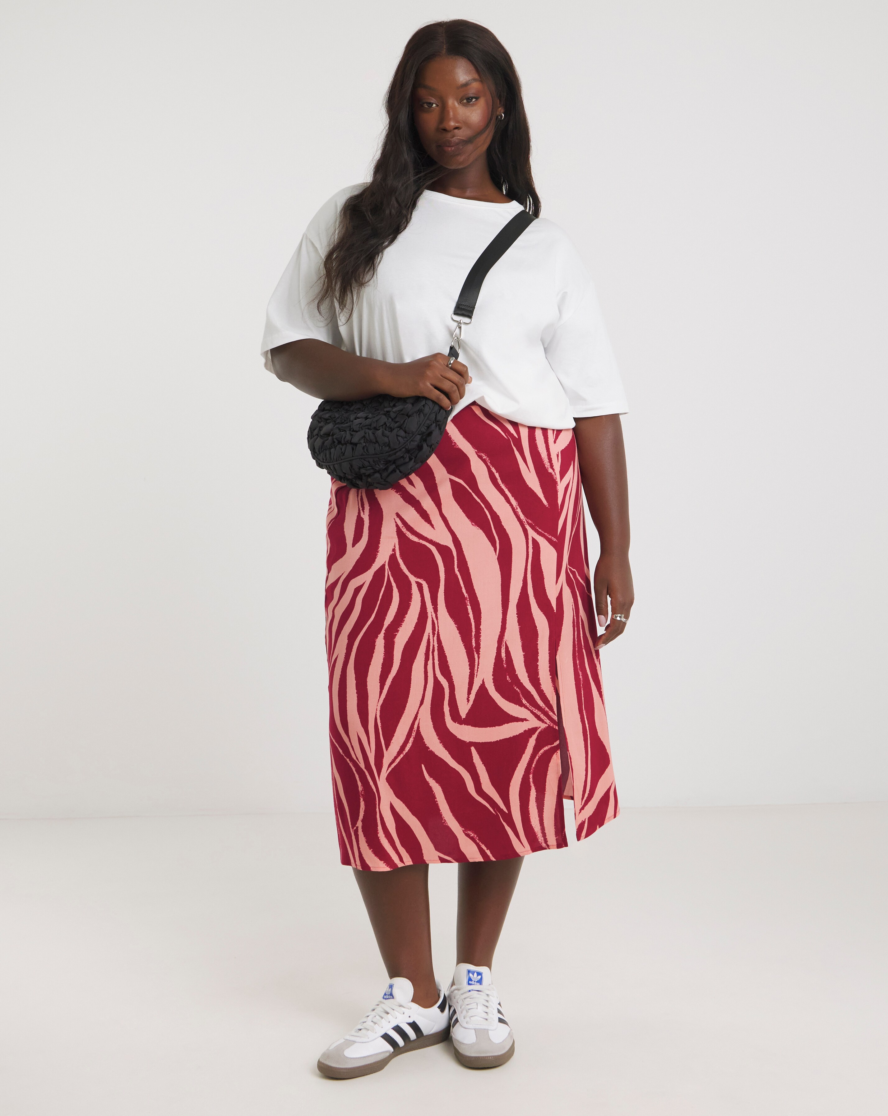 Spun Viscose Pink Zebra Side Split Midi Skirt