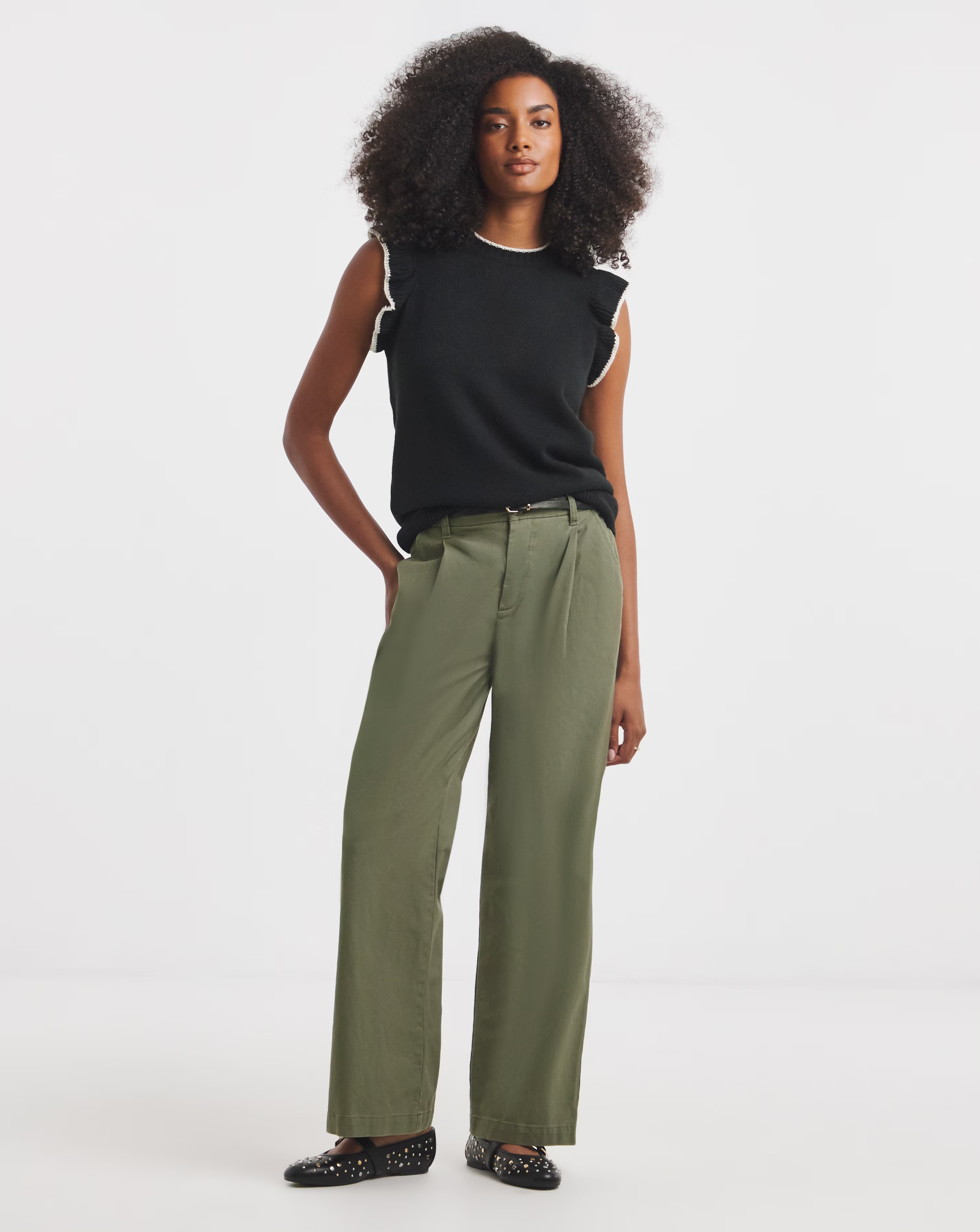 Wide Leg Khaki Chino Trousers