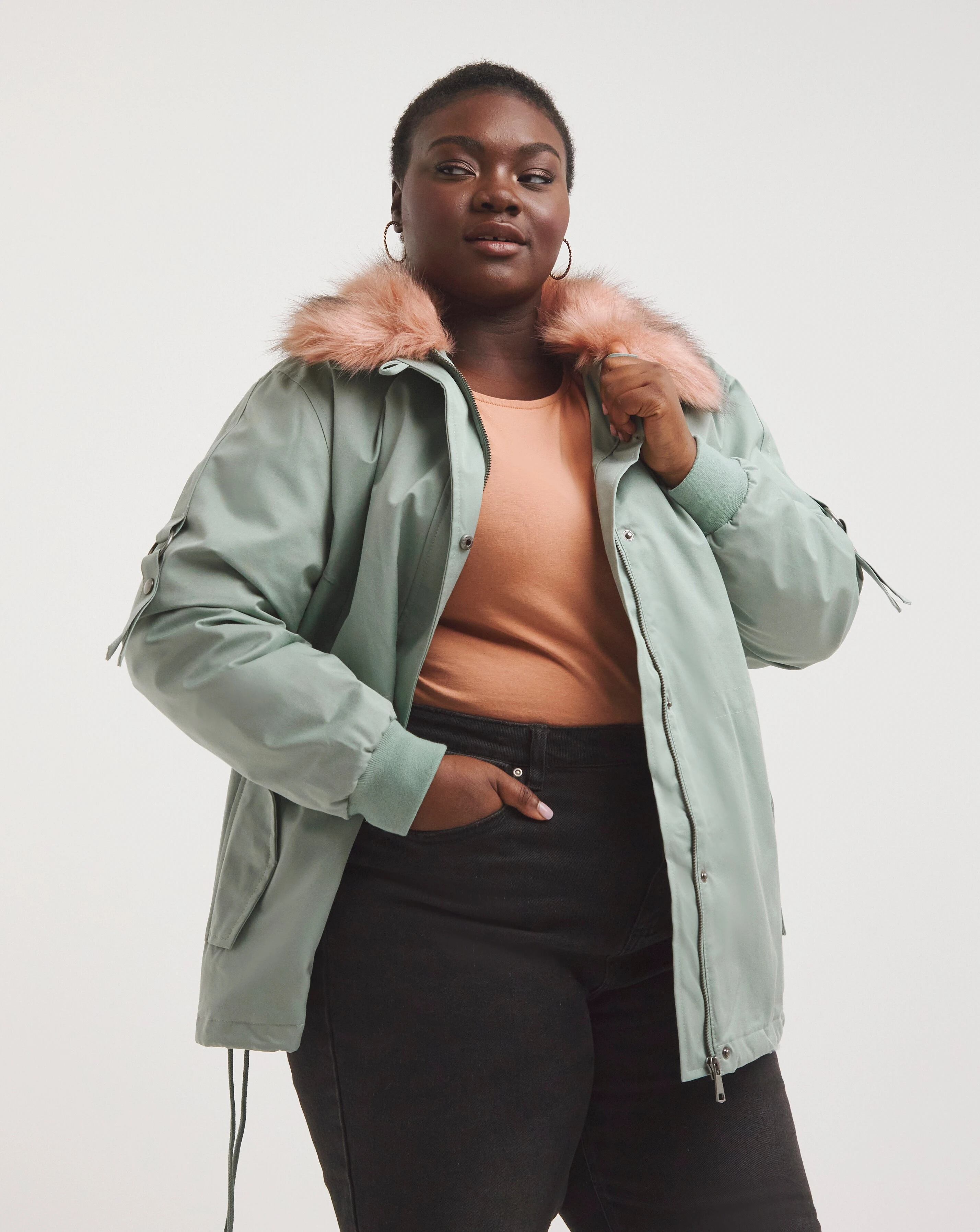 Khaki Colour Contrast Fur Short Parka
