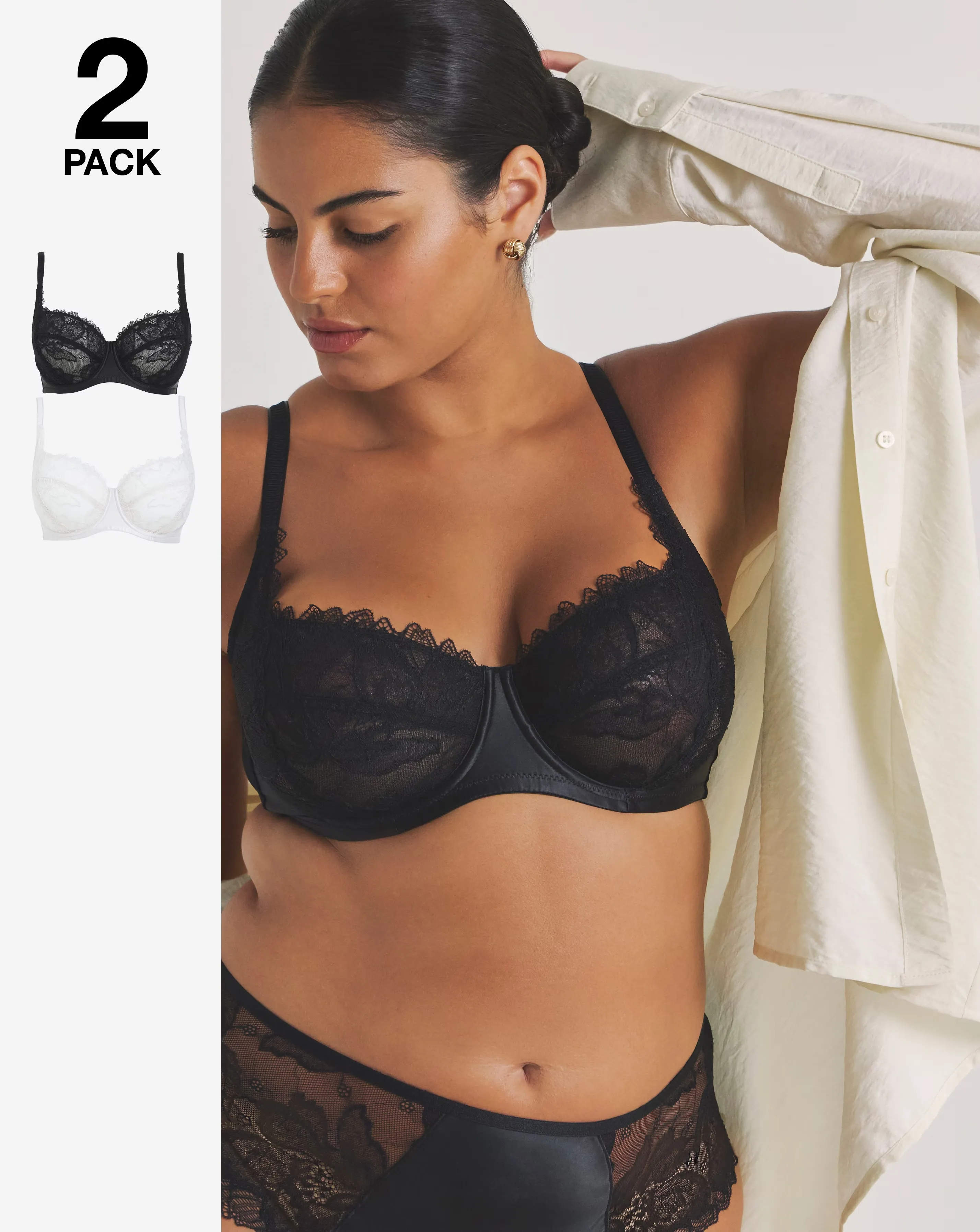 Pretty Secrets (2 Pack) Willow Stretch Lace Balcony Bras (B-F) Black/Cream