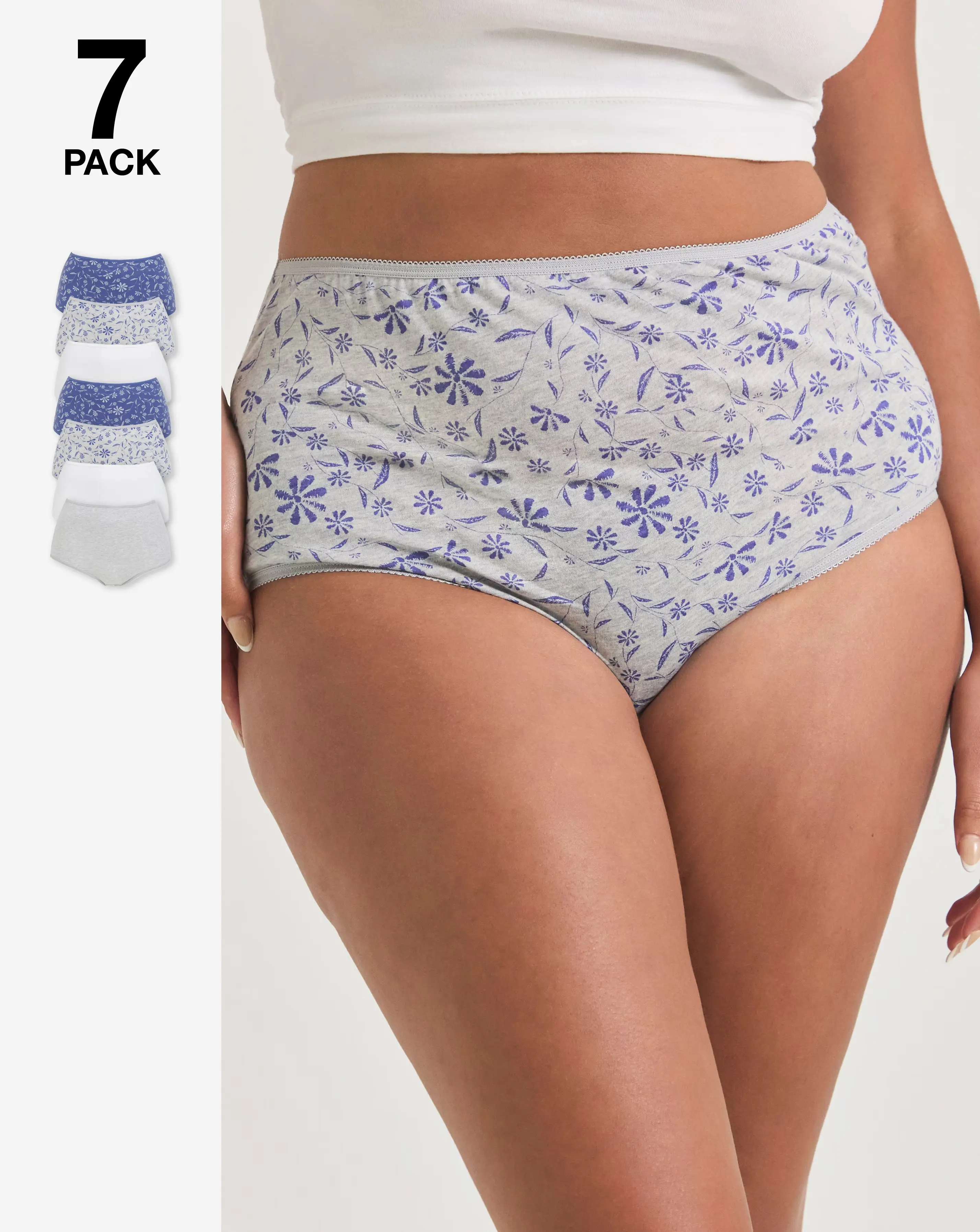 Pretty Secrets (7 Pack) Cotton Full Fit Brief Knickers Blue Floral