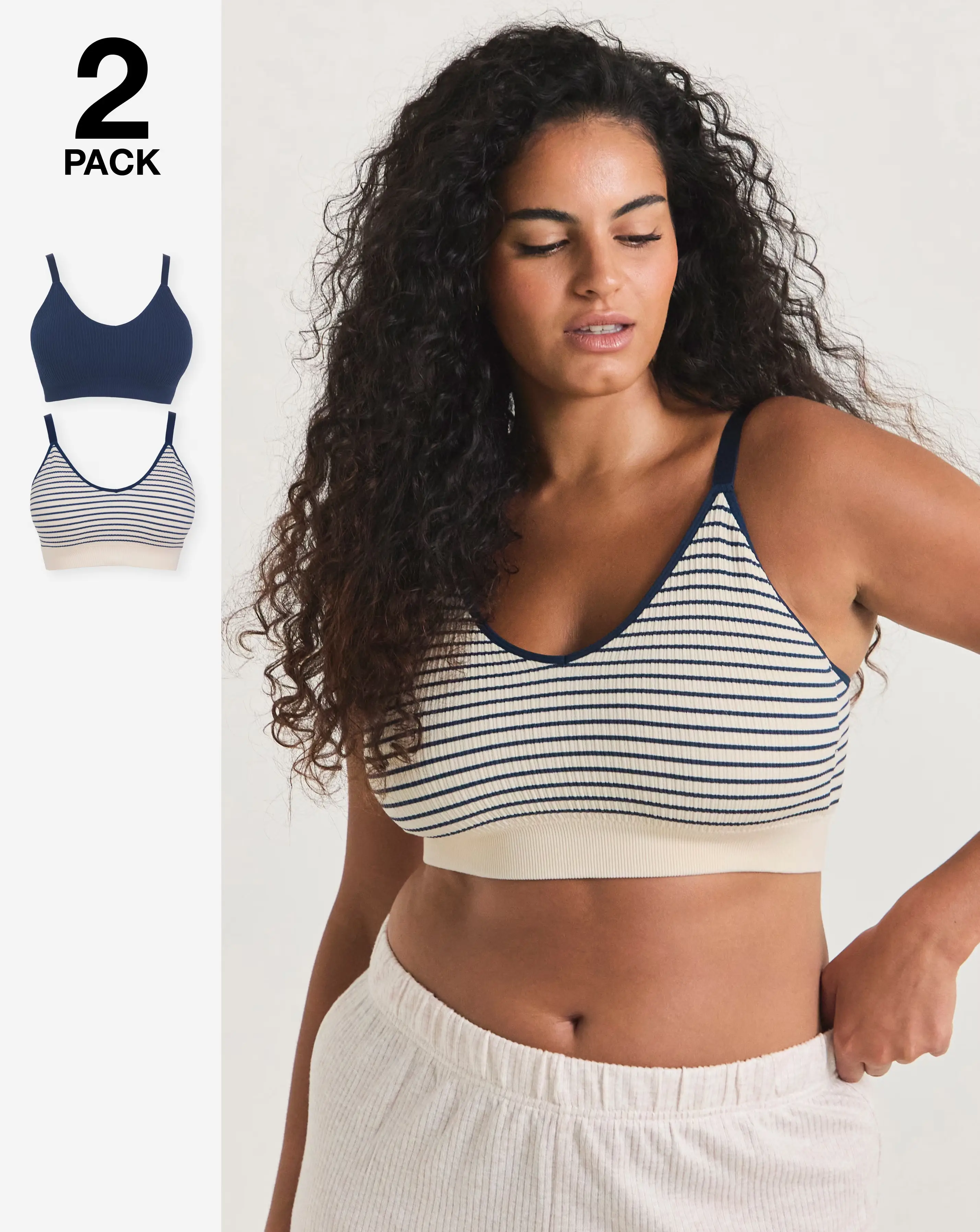 Pretty Secrets (2 Pack) Knitted Stripe Comfort Tops Navy Stripe