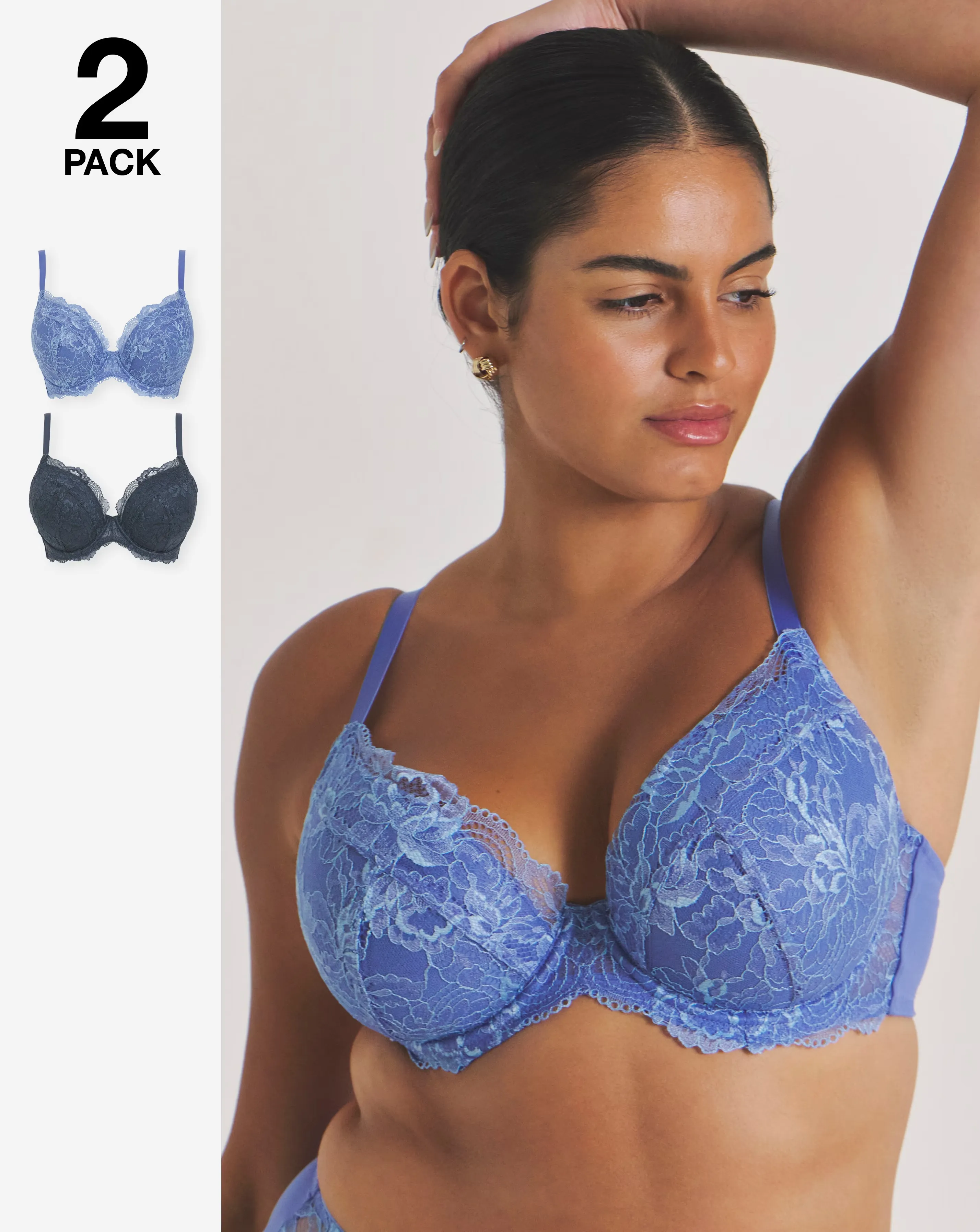 Pretty Secrets New Ella 2 Pack Wired Padded Plunge Bras B-G - Light Blue/Grey