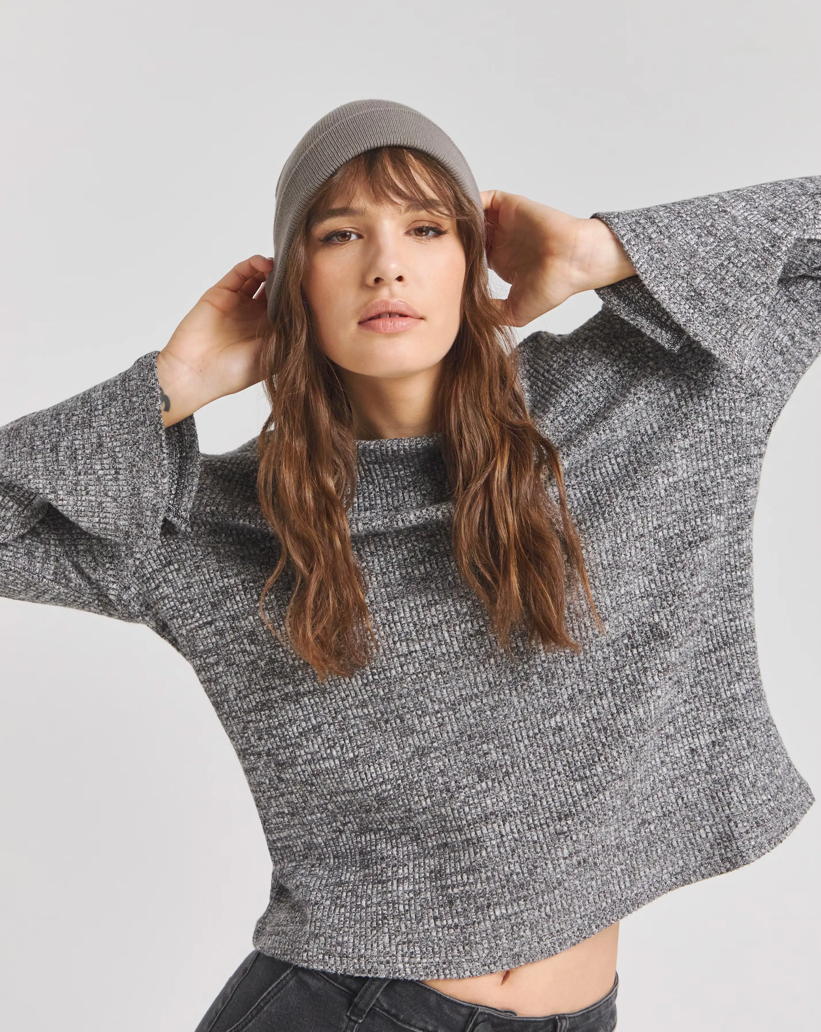 Charcoal Marl Goddess Ribbed Top With Fluted Sleeves