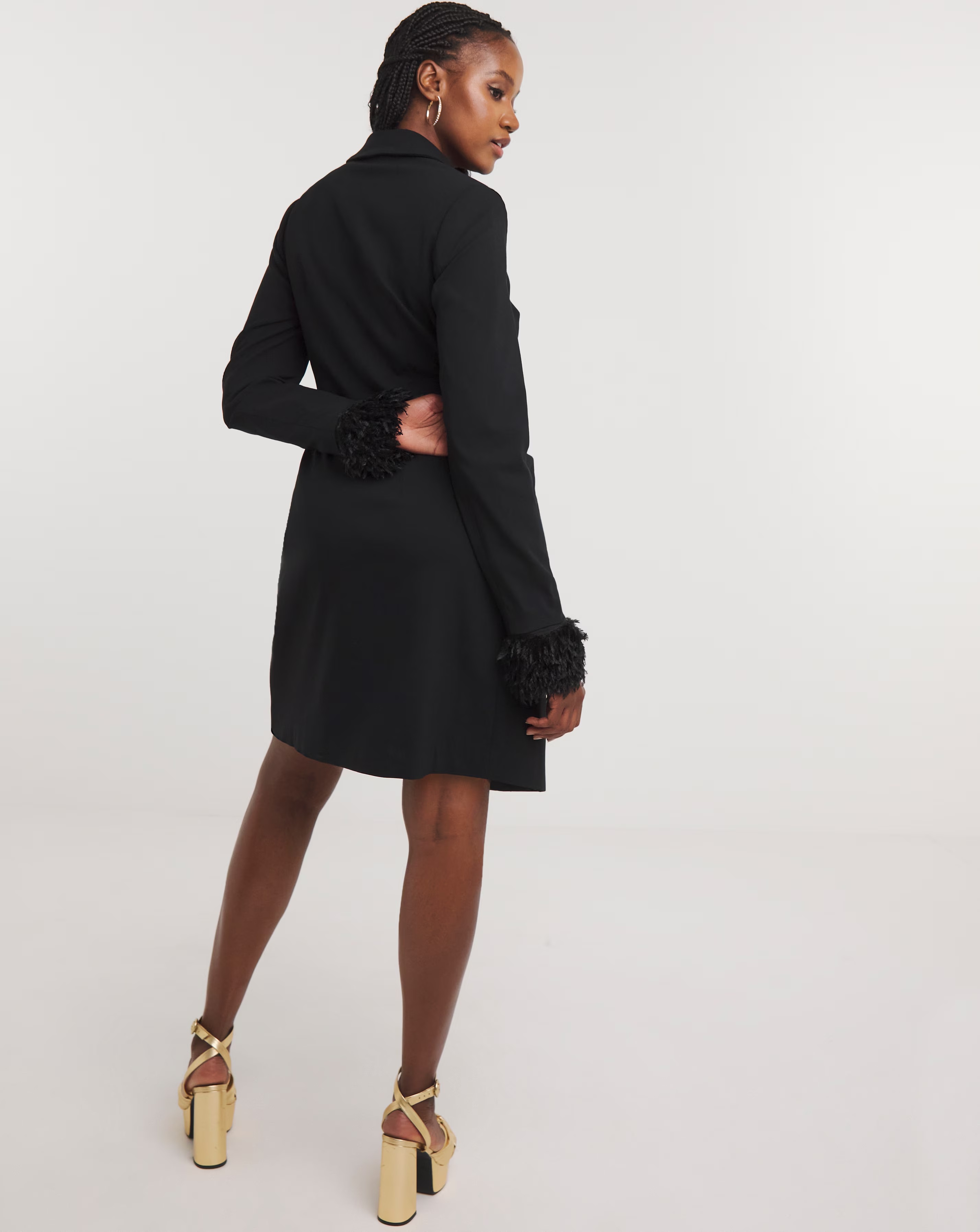 Black Bengaline Blazer Dress With Detachable Feather Cuff
