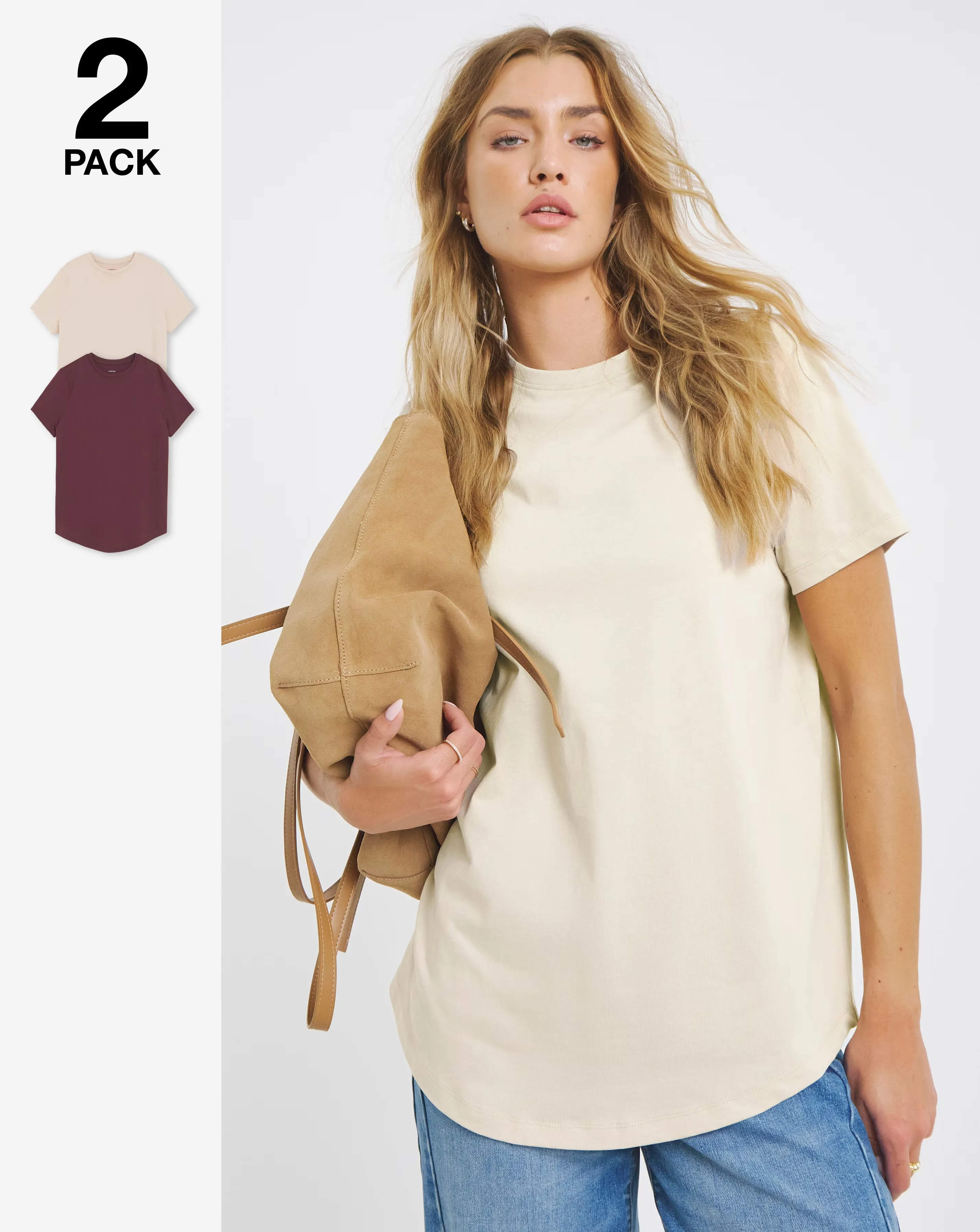 Oat & Burdundy 2 Pack Pure Cotton Curved Hem T-Shirts