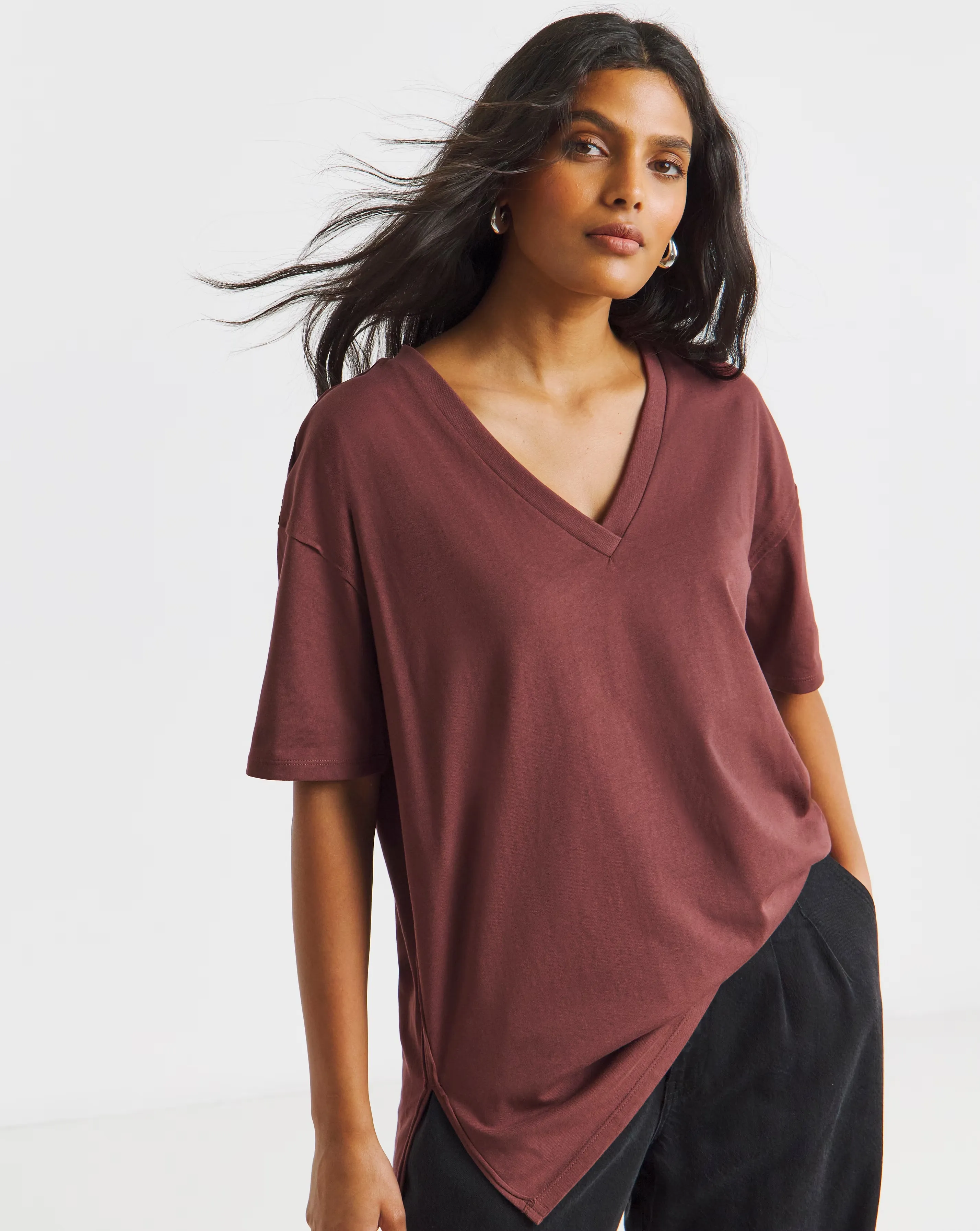 Washed Burgundy Oversized Slouchy V Neck T-Shirt 1 118330-washed-burgundy-oversized-slouchy-v-neck-t-shirt-1.webp