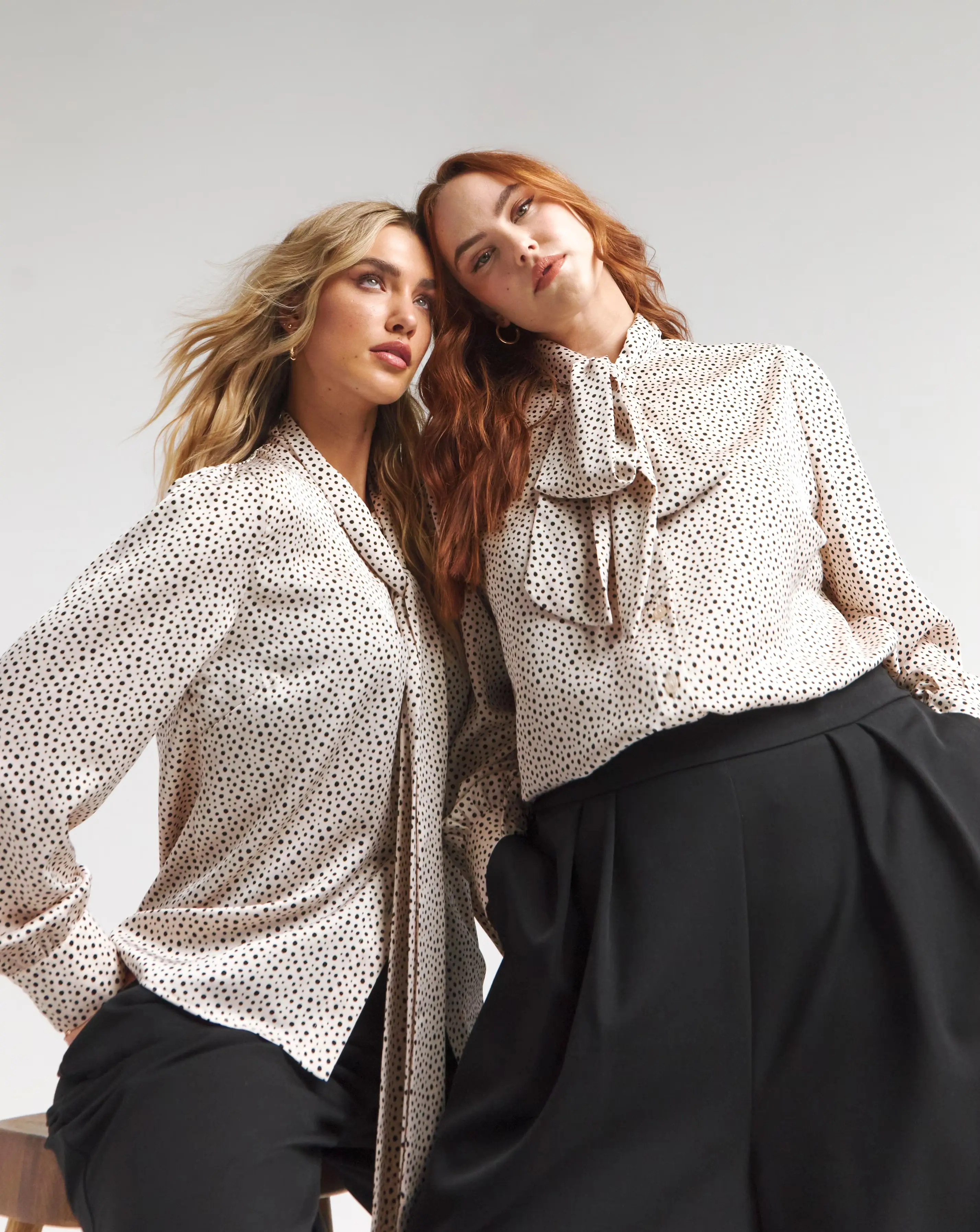 Flounce London Off White Black Spot Satin Tie Neck Blouse