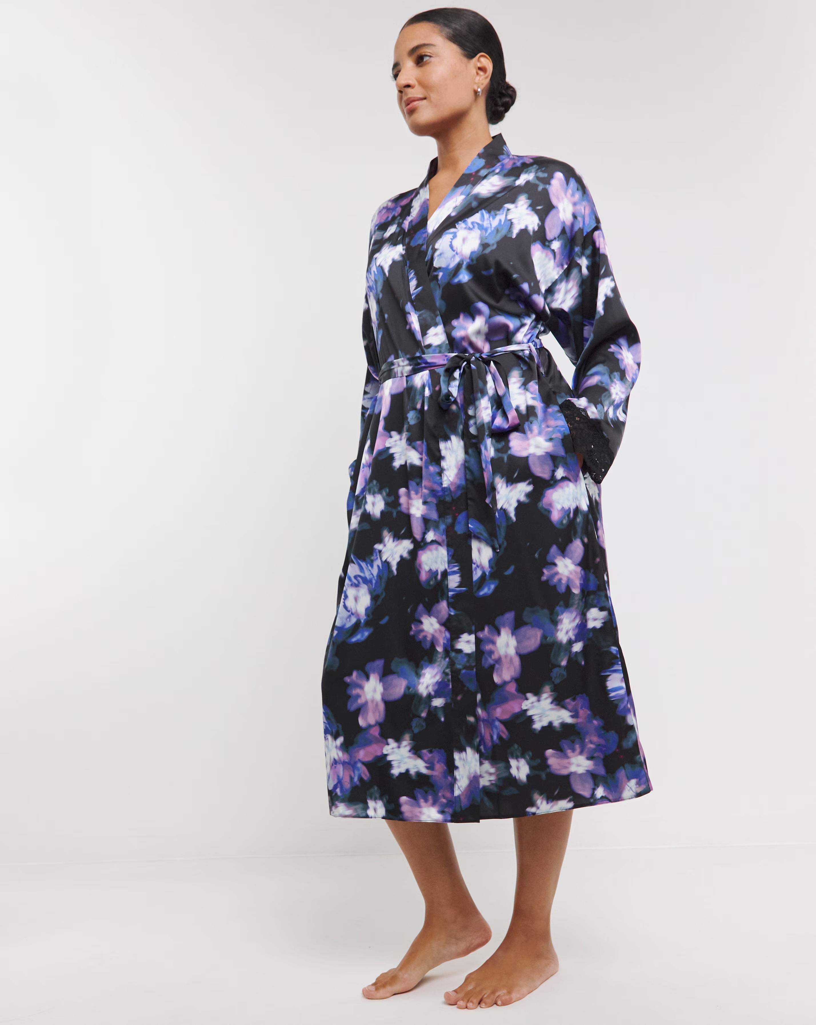Figleaves Stretch Satin Lace Kimono Gown