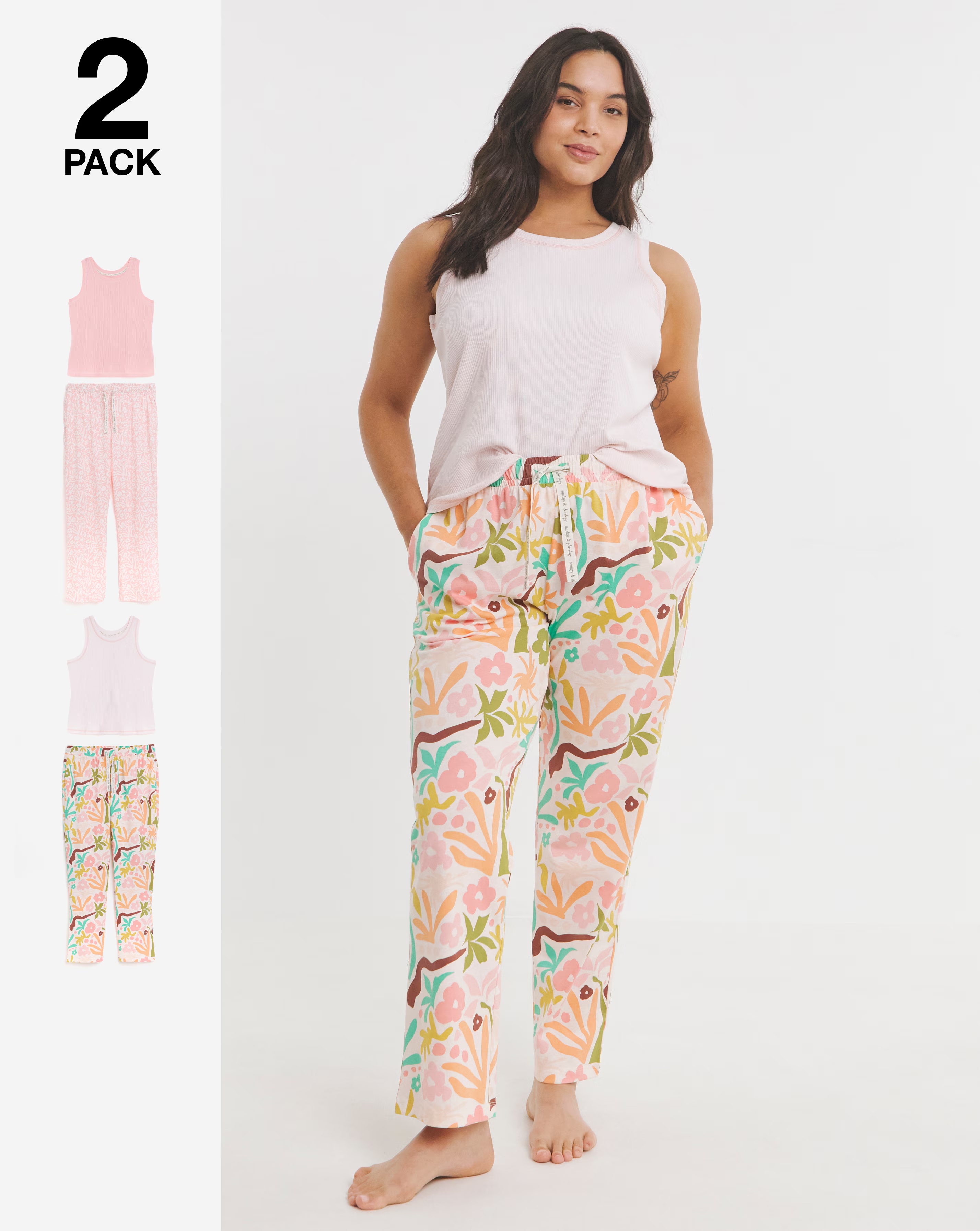 2 Pack Ribbed Racer Vest Pyjama Sets
