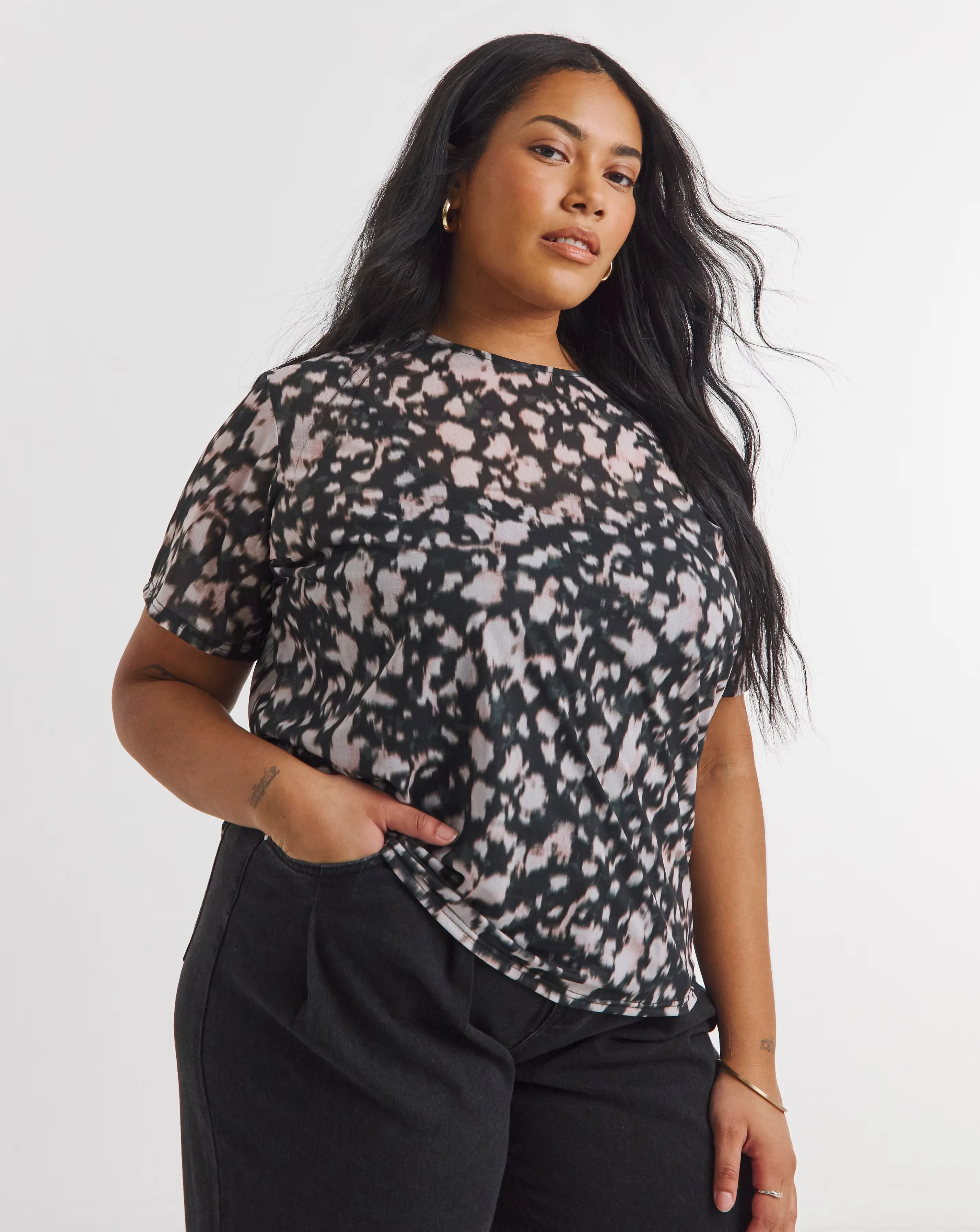 Black Blur Print Mesh Relaxed Fit T-Shirt