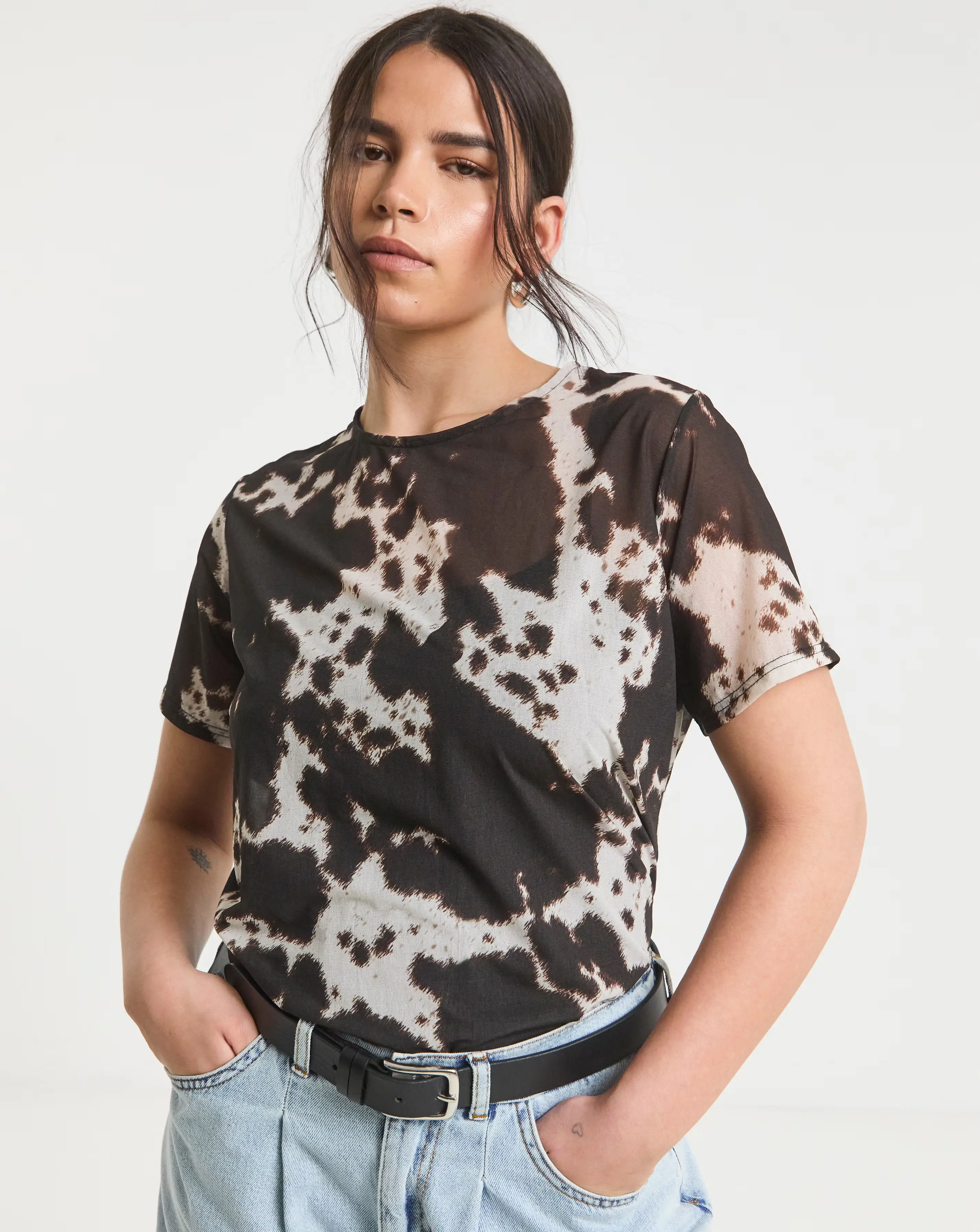 Cow Print Relaxed Fit Mesh T-Shirt