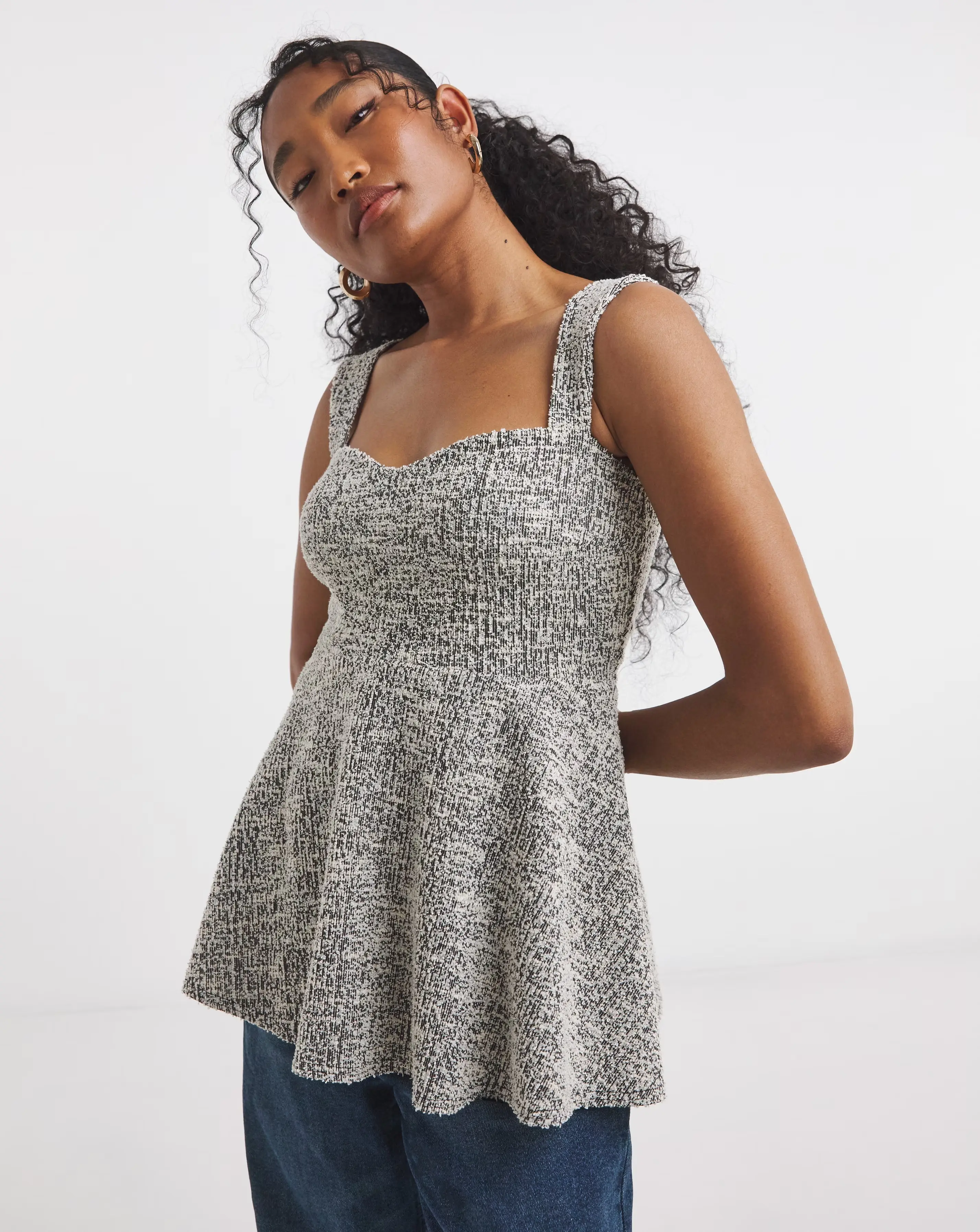 Simply Be Black & White Boucle Sweetheart Neck Peplum Top