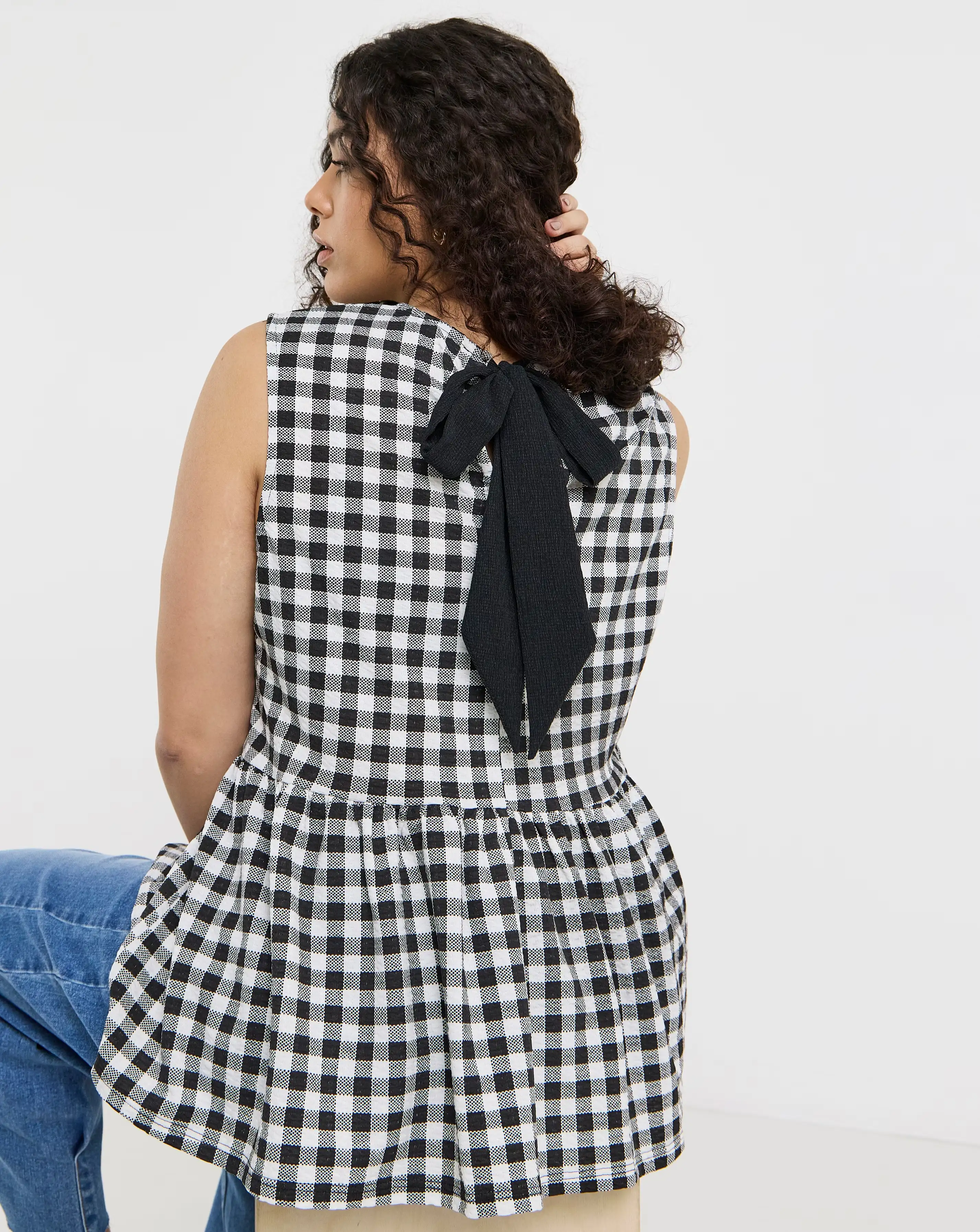 Simply Be Black & White Gingham Peplum Bow Back Top