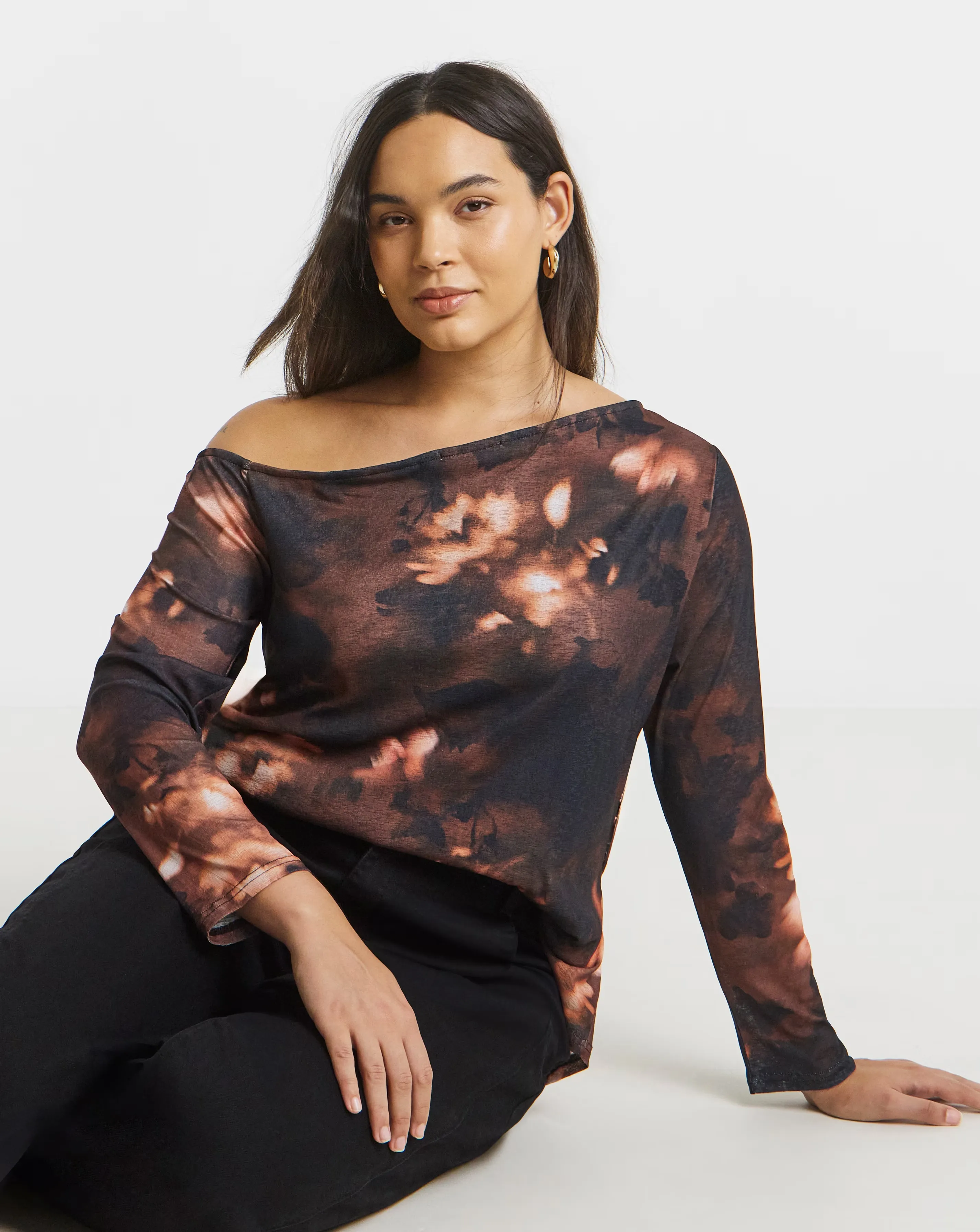 Brown Floral Print Asymmetric Shoulder Mesh Top