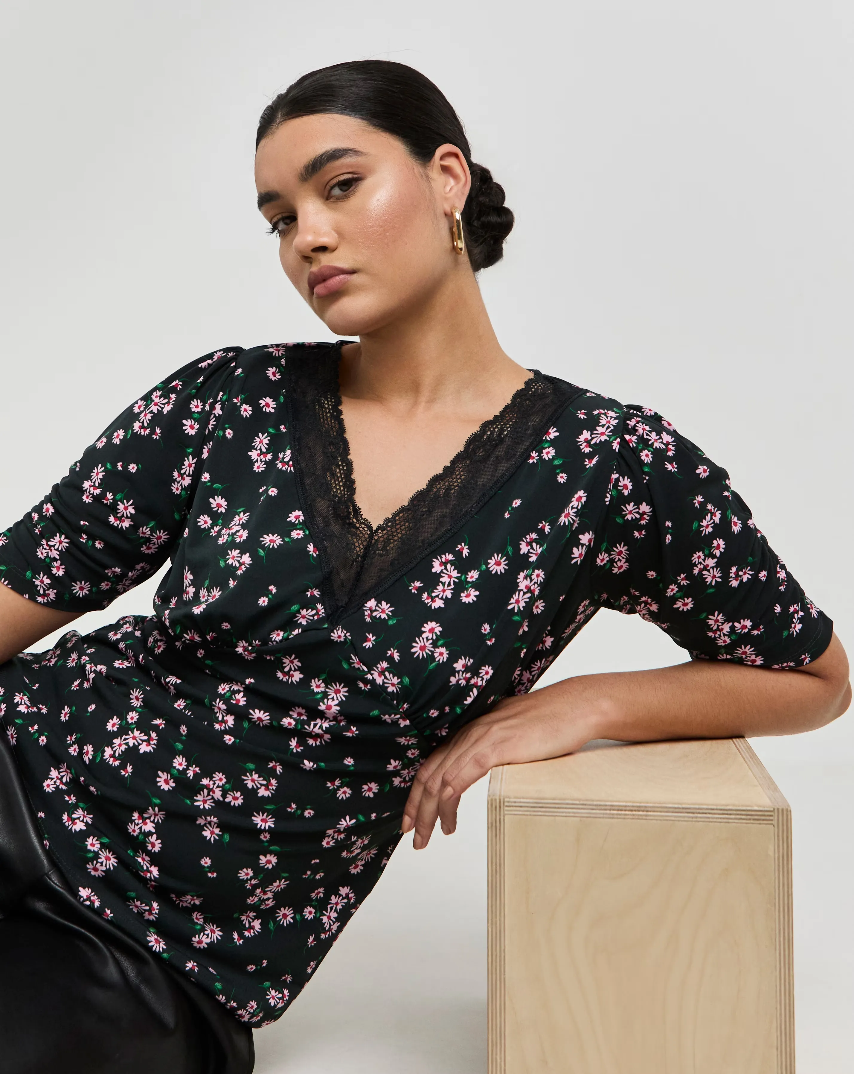 Black Ditsy Luxe Jersey Lace Insert Top