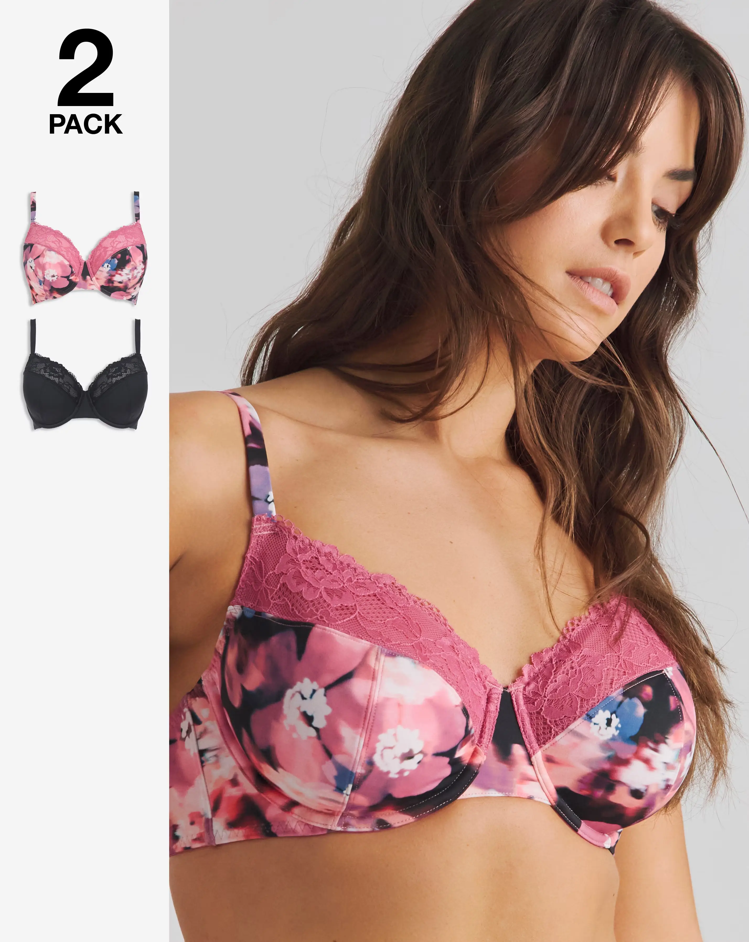 Pretty Secrets (2 Pack) Adrianne Full Cup Wired Bras Floral/Black