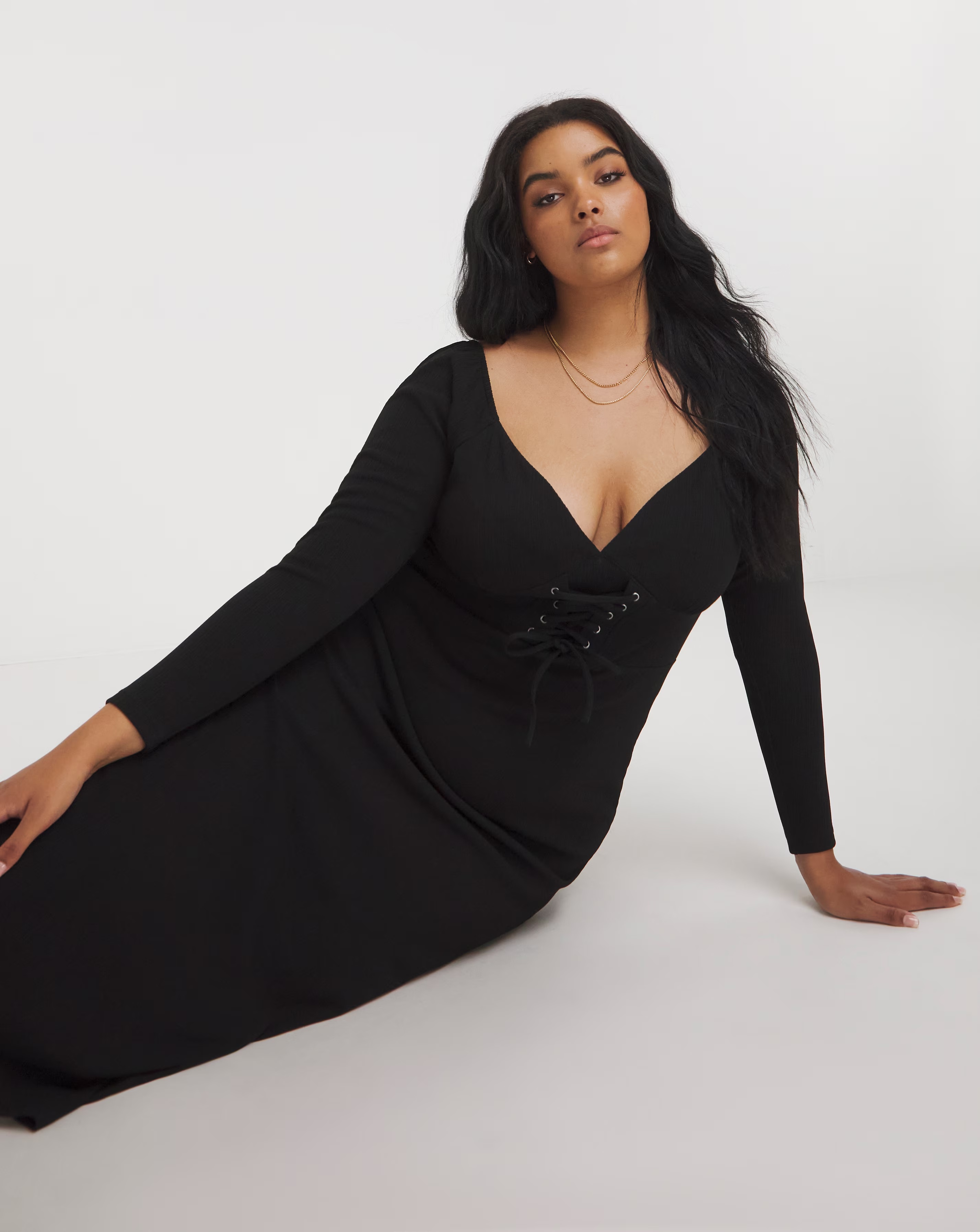 Black Corset Detail Rib Midi Dress