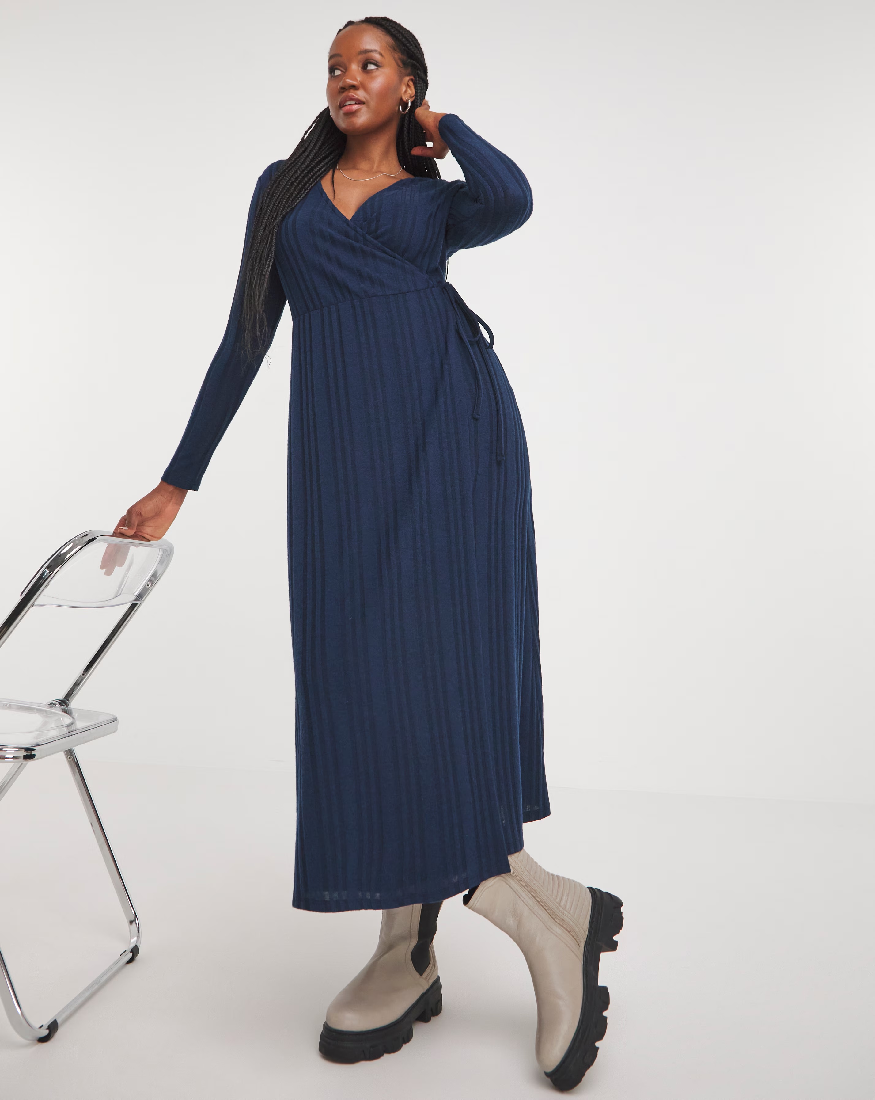 Navy Cosy Rib Wrap Midi Dress