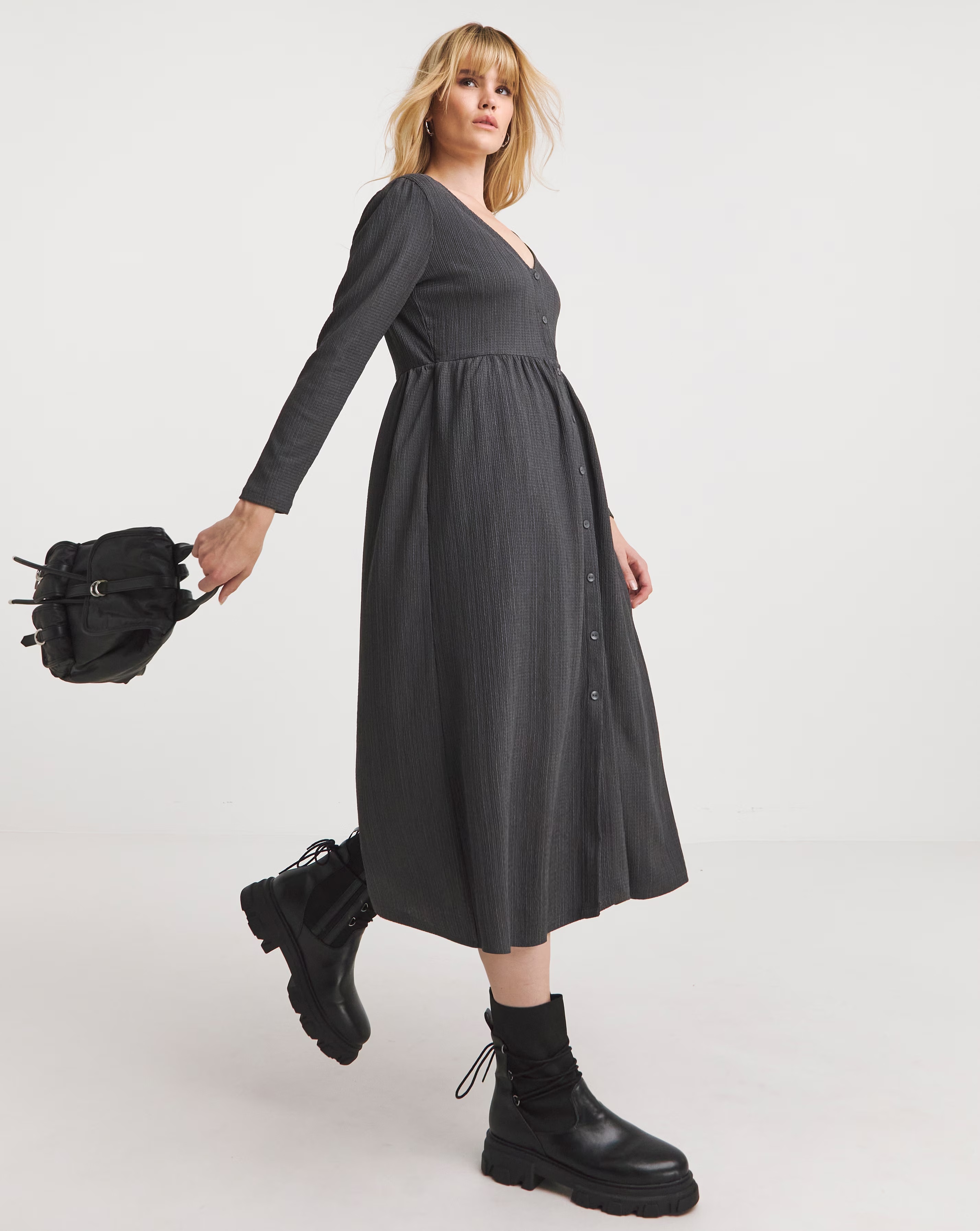Charcoal Waffle Button Up Midi Dress With Pockets
