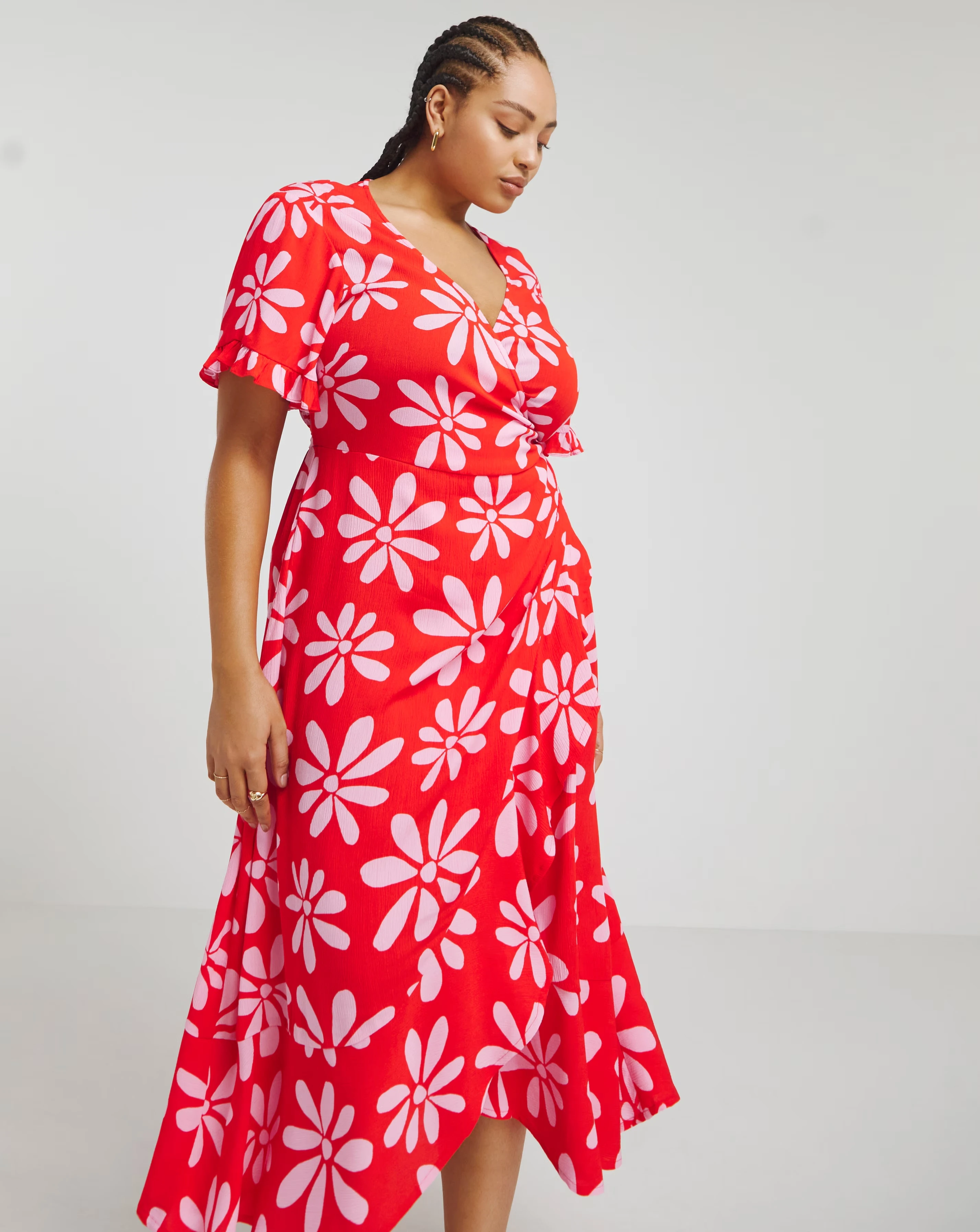 Simply Be Pink/Red Crinkle Wrap Midi Dress