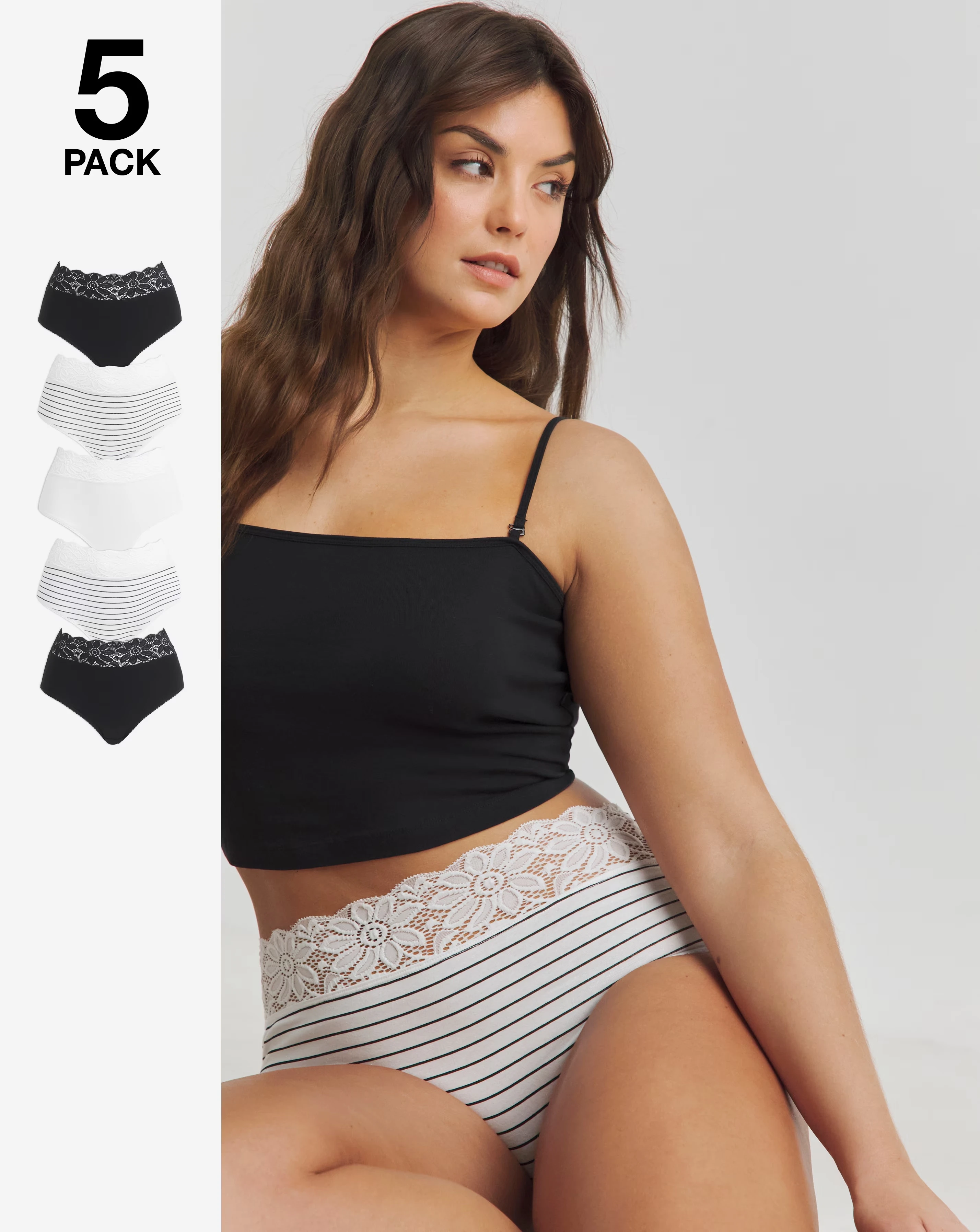 Pretty Secrets (5 Pack) Lace Top Full Brief Knickers Mono Stripe