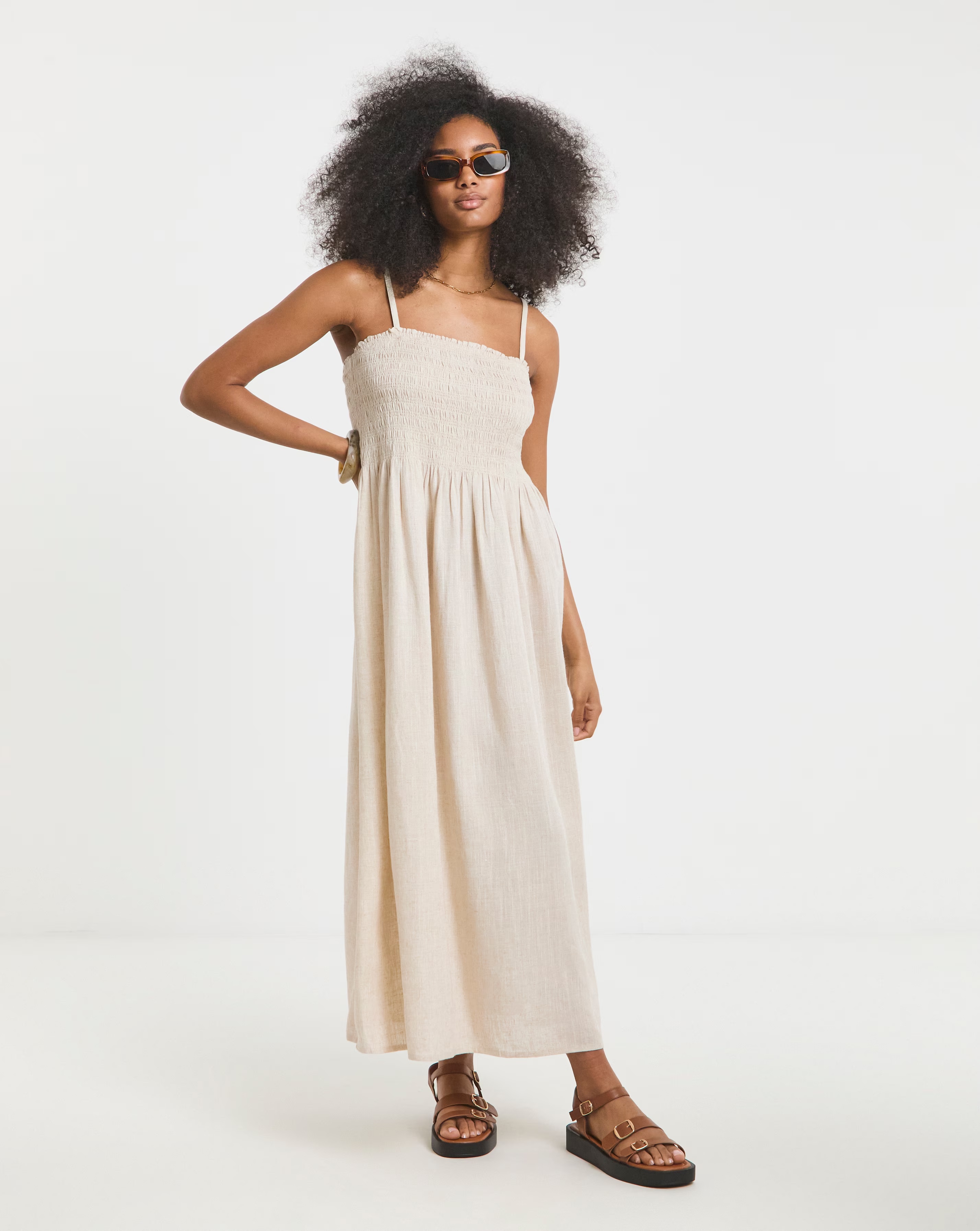 Stone Shirred Bandeau Linen Blend Midi Dress