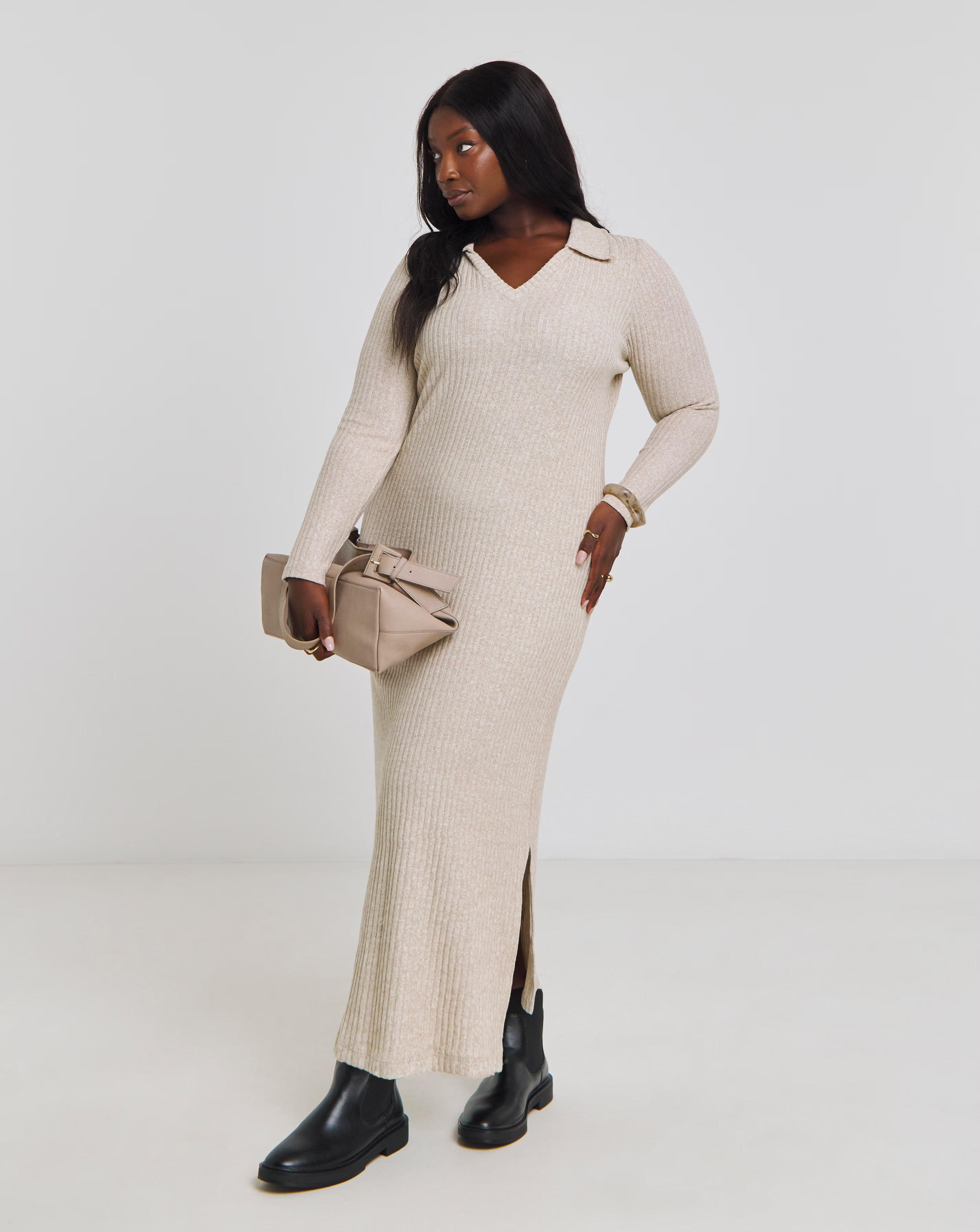 Beige Cosy Rib Collared Maxi Dress