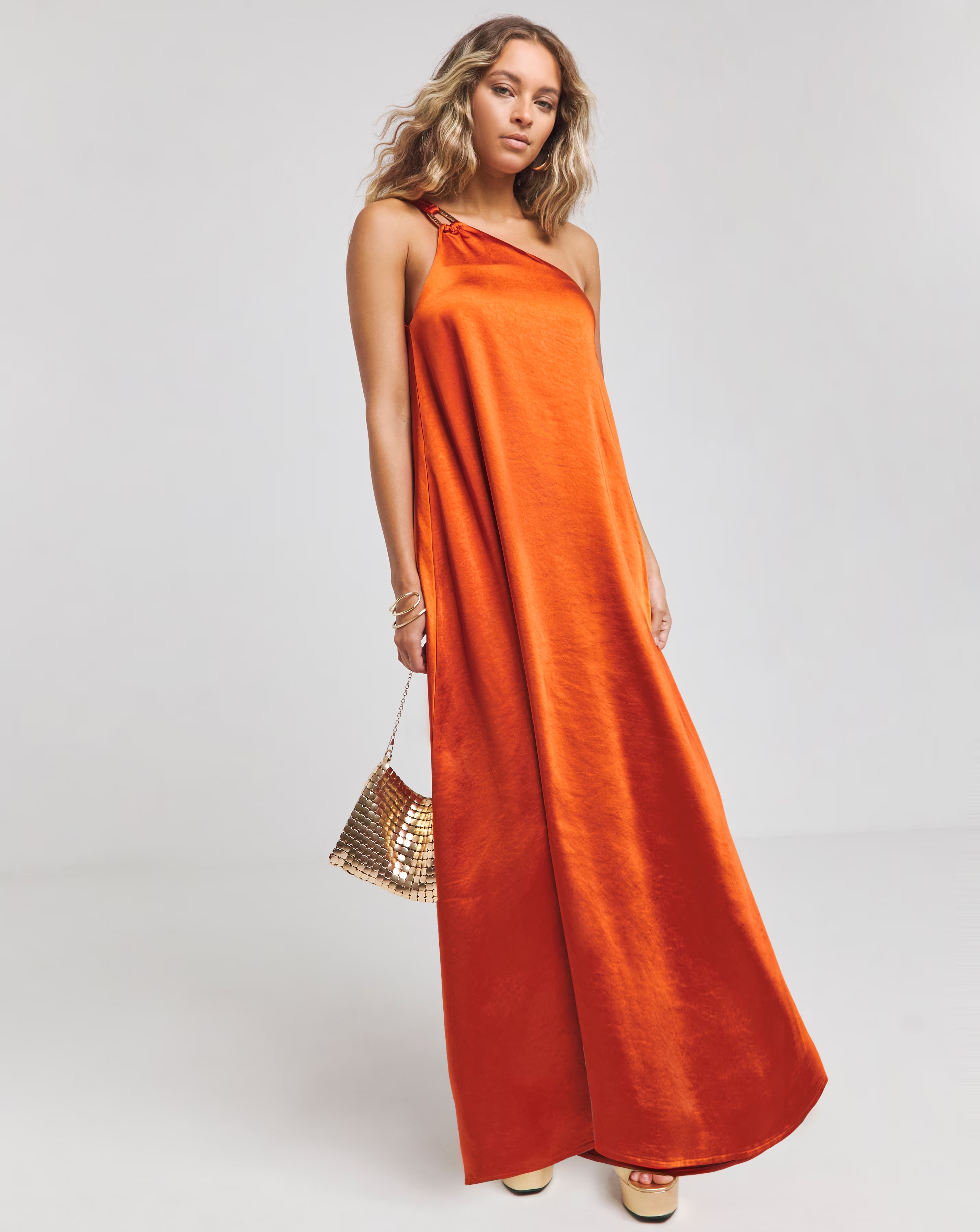 Simply Be Burnt Orange Satin One Shoulder Maxi Dress