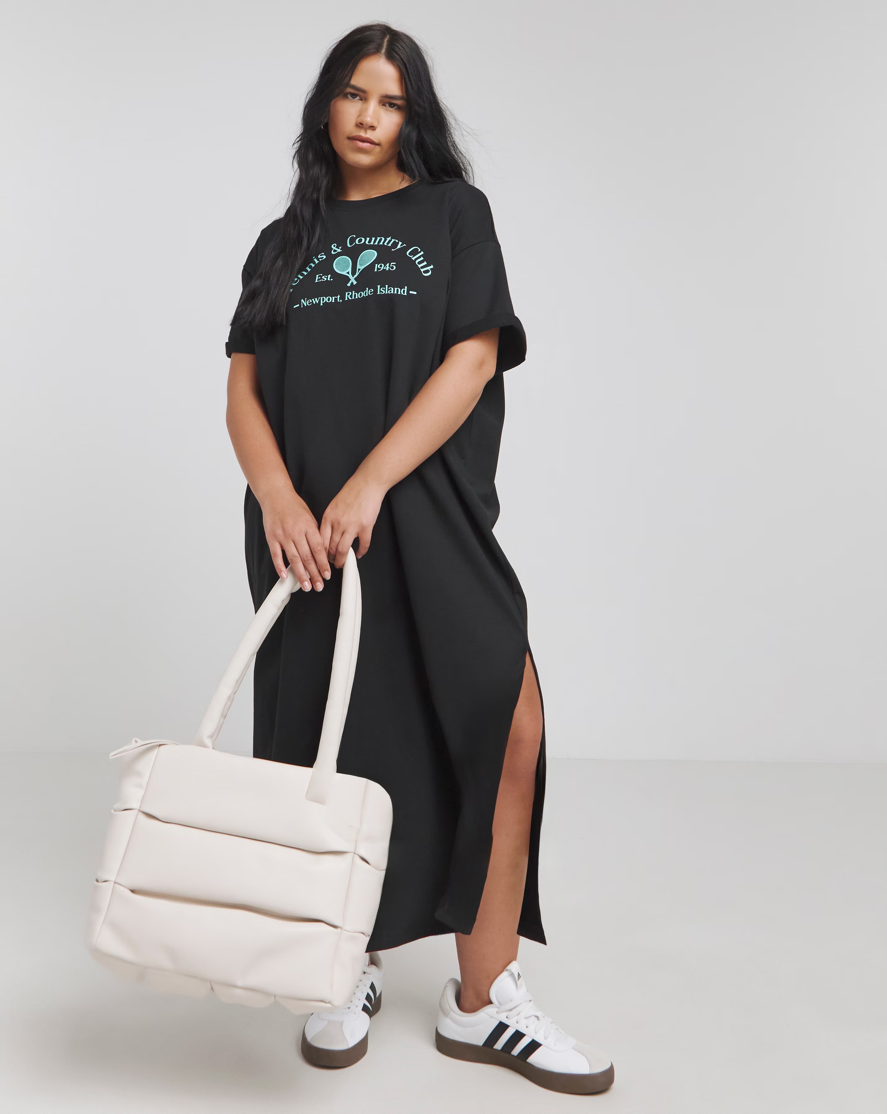 Black Cotton Jersey Graphic Short Sleeve Midi T-Shirt Dress
