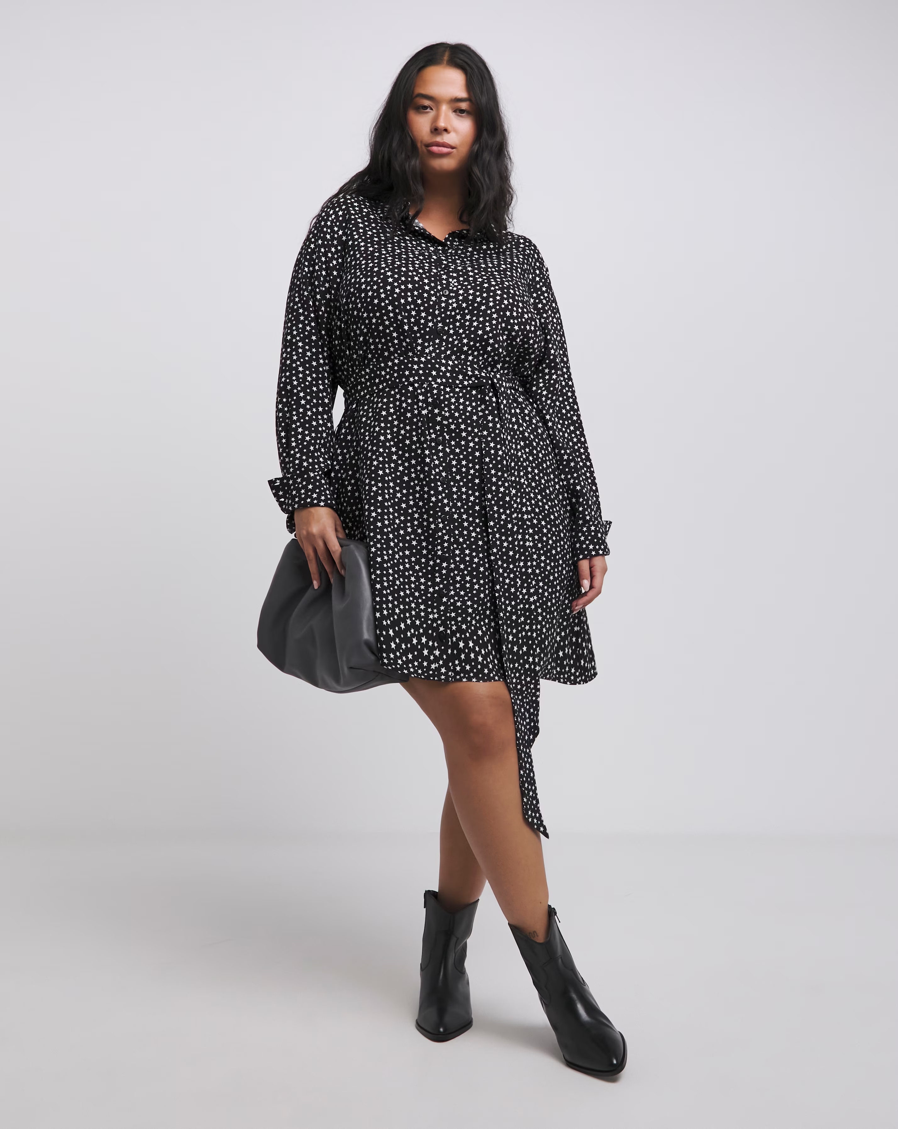 Star Print Long Sleeve Shirt Dress With Tie Belt